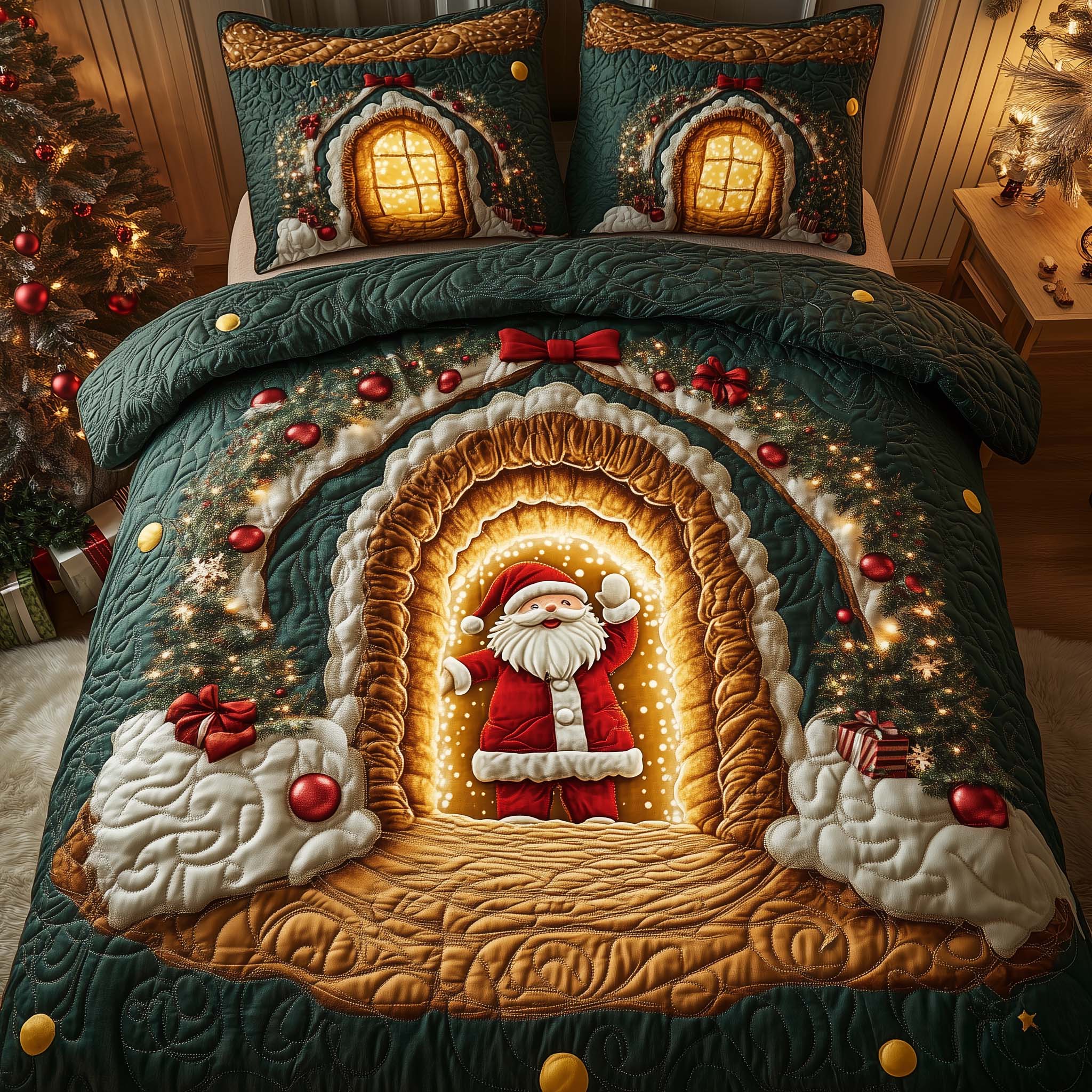 Holiday Santa Delight Quilted Bedding Set Christmas Bed Sheets Gnome Gifts For Christmas
