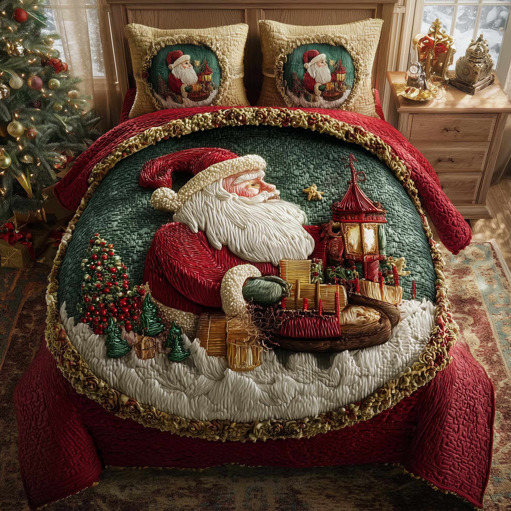 Holiday Santa Delight Quilted Bedding Set Christmas Bedding Set Gnome Gifts For Her