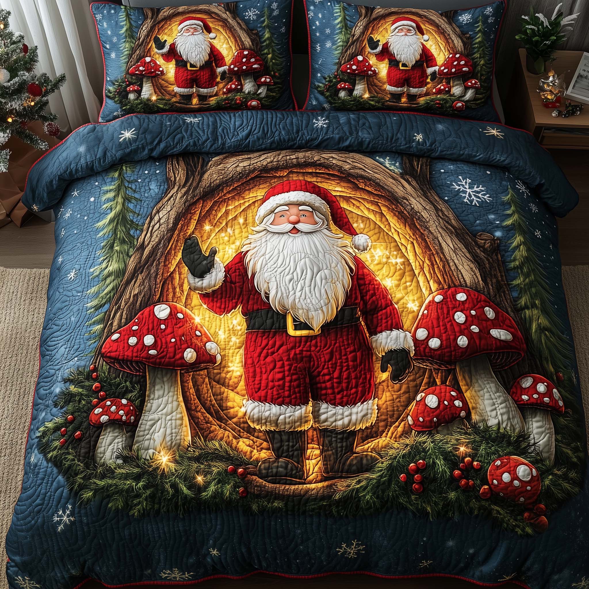 Holiday Santa Delight Quilted Bedding Set Christmas Comforter Best Gnome Gifts