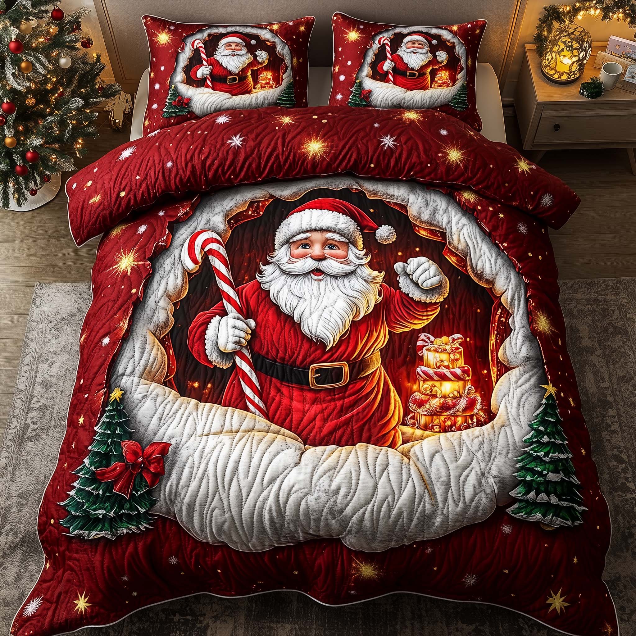 Holiday Santa Delight Quilted Bedding Set Christmas Comforter Set King Gnome Xmas Gift