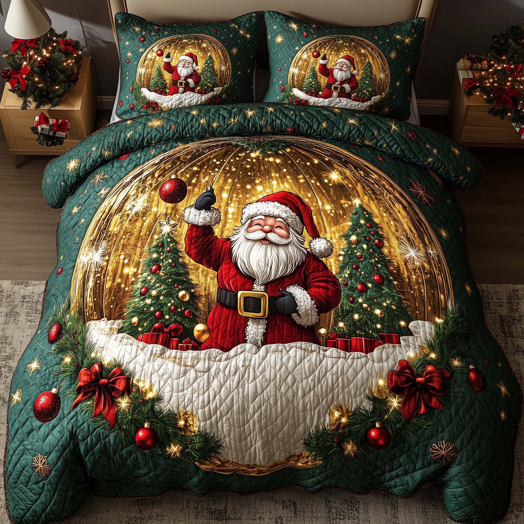 Holiday Santa Delight Quilted Bedding Set Christmas Duvet Cover Gnome Presents