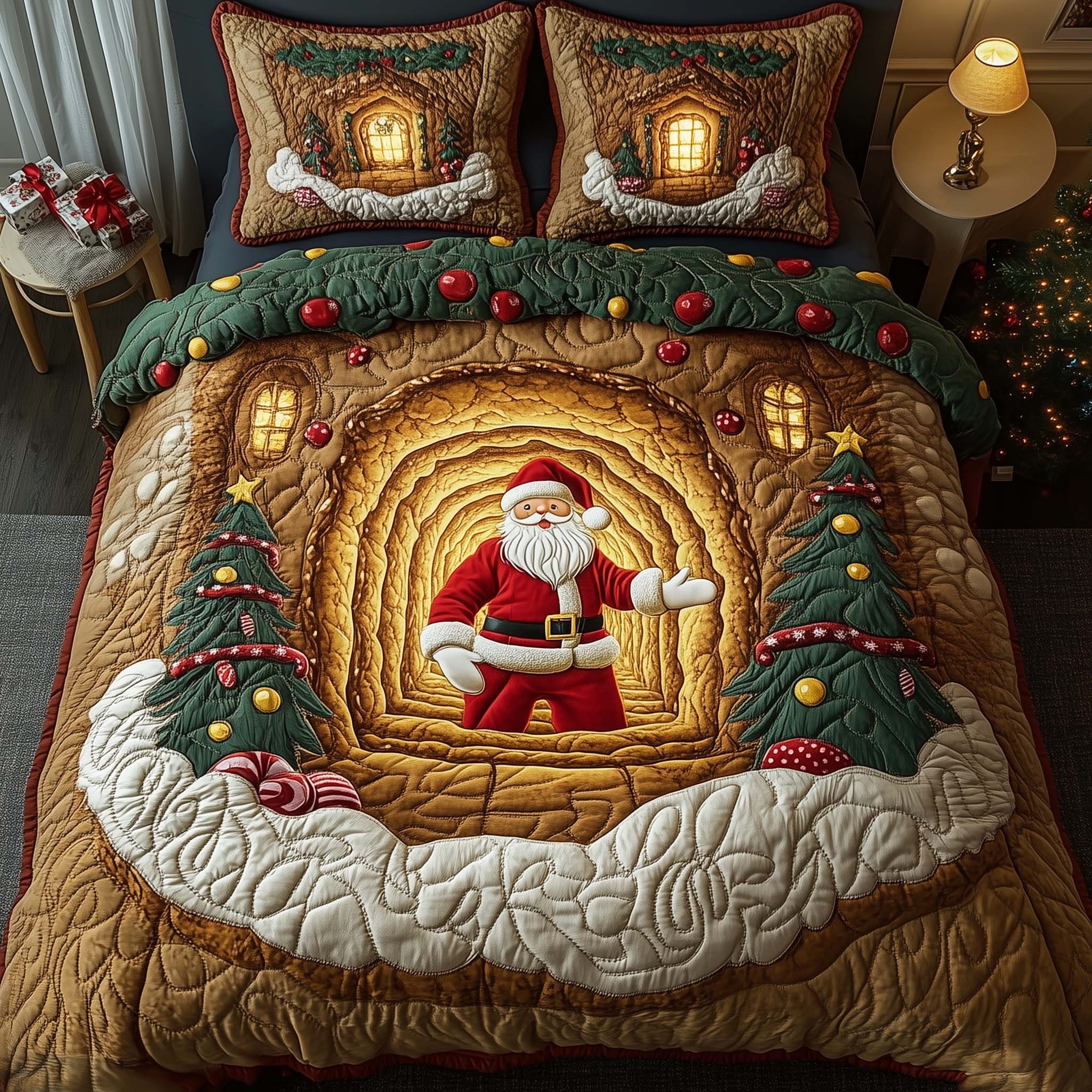 Holiday Santa Delight Quilted Bedding Set Christmas Sheets Queen Cute Gnome Gifts