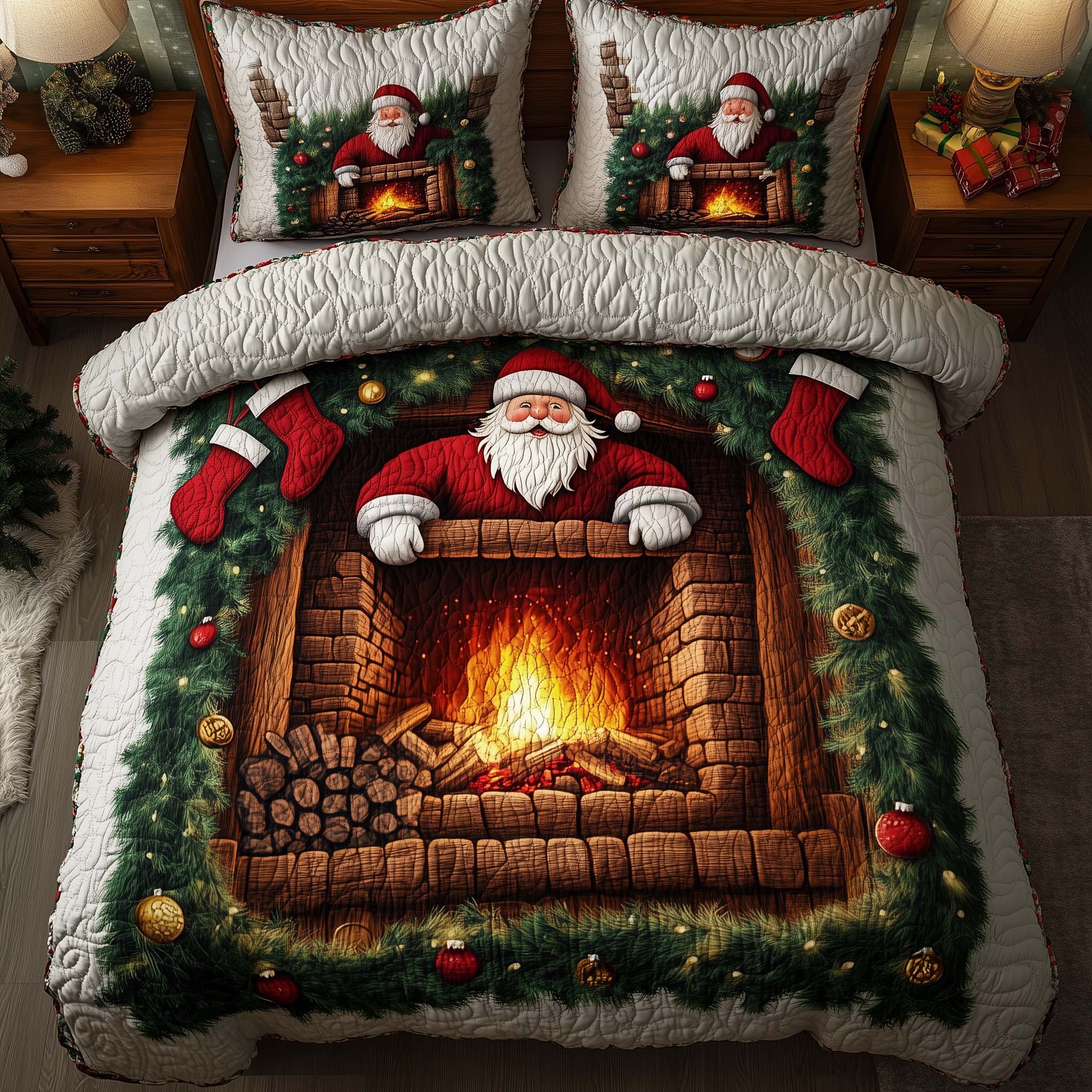 Holiday Santa Delight Quilted Bedding Set Cute Christmas Bedroom Gnome Xmas Gift