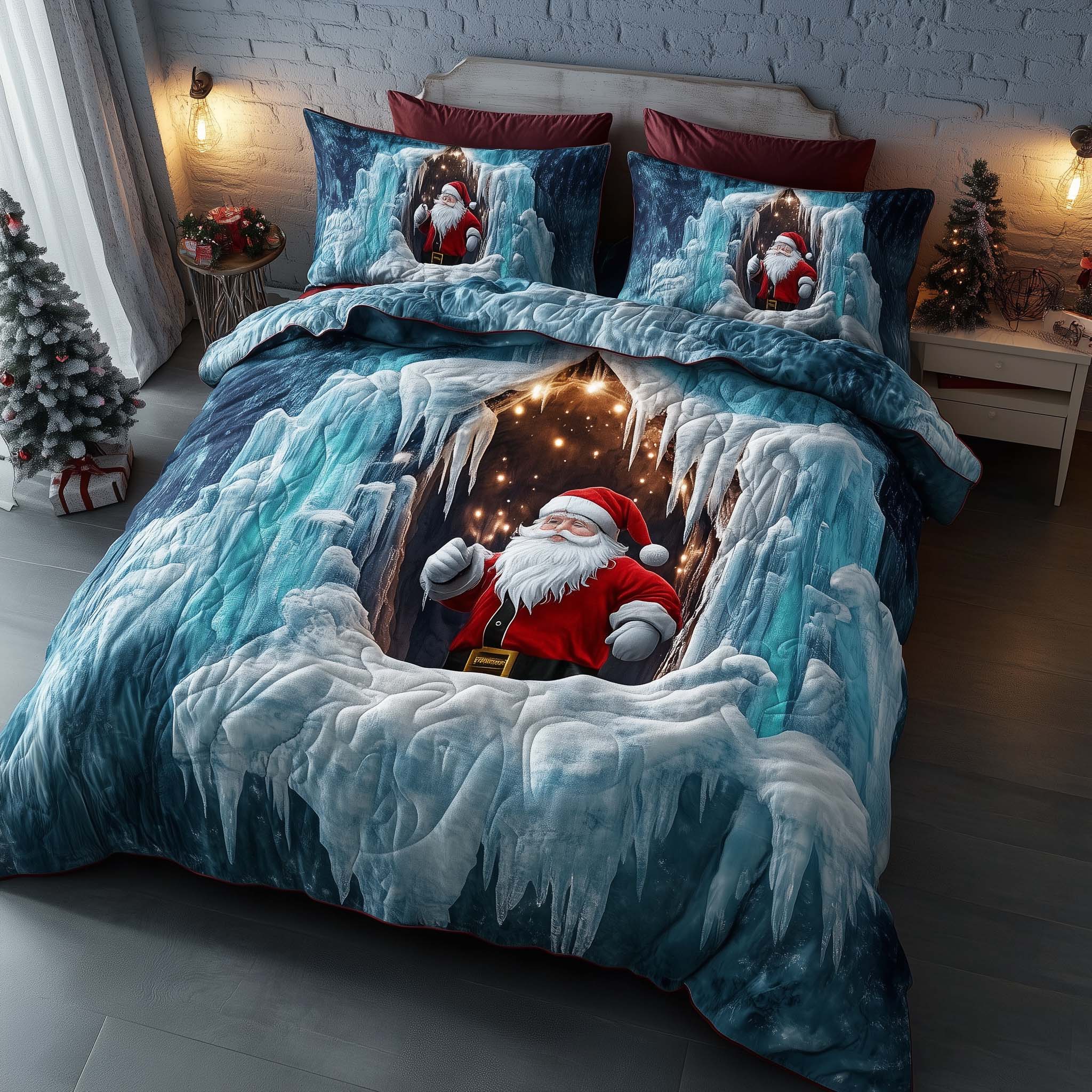 Holiday Santa Delight Quilted Bedding Set Holiday Bedroom Decor Gifts For Gnome Lovers