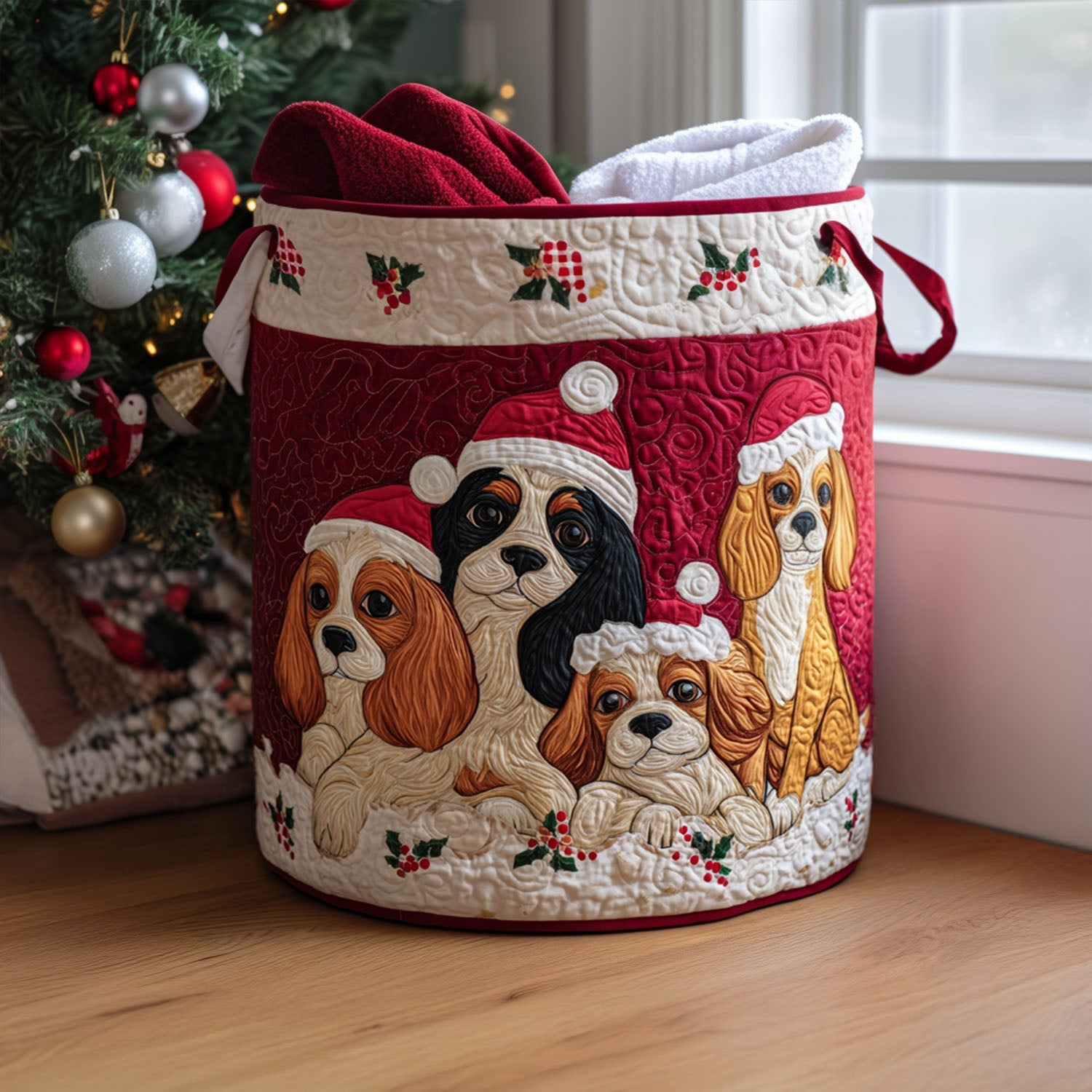 Holiday Spaniel Quilted Laundry Basket Dirty Clothes Hampers Dog Themed Gifts