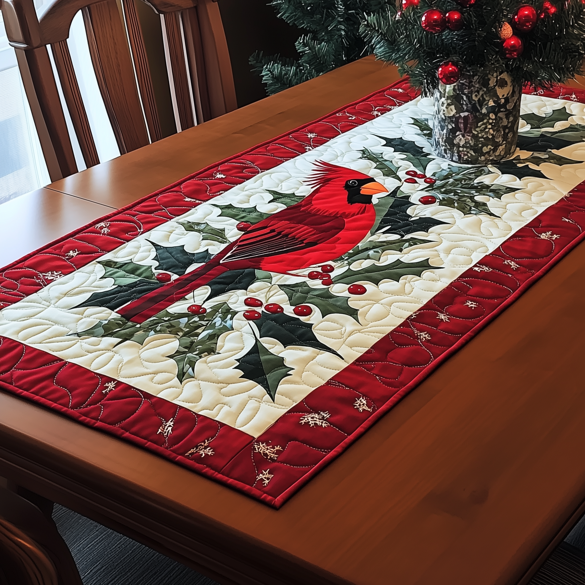 Holly Cardinal Quilted Table Runner Vintage Christmas Table Runners Xmas Gifts For Family