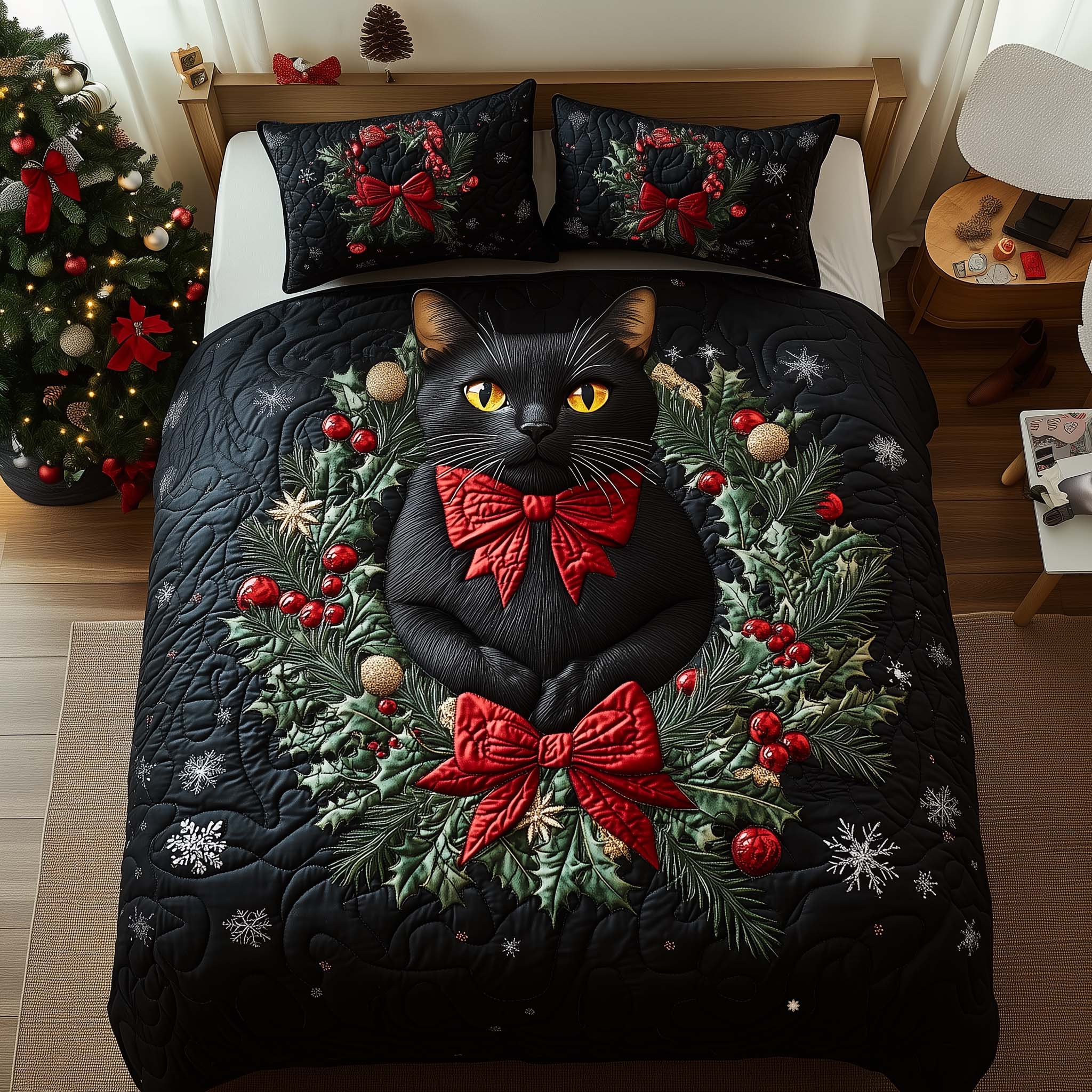 Holly Cat Quilted Bedding Set Holiday Bedding Sets Unusual Gifts For Cat Lovers