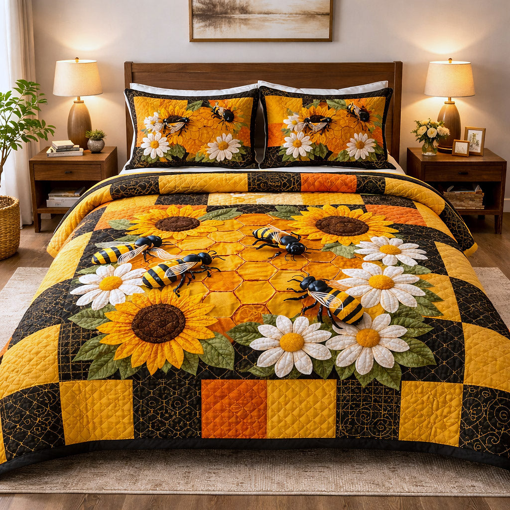 Honey Buzz Quilted Bedding Set Bed Room Art Presents For Beekeepers