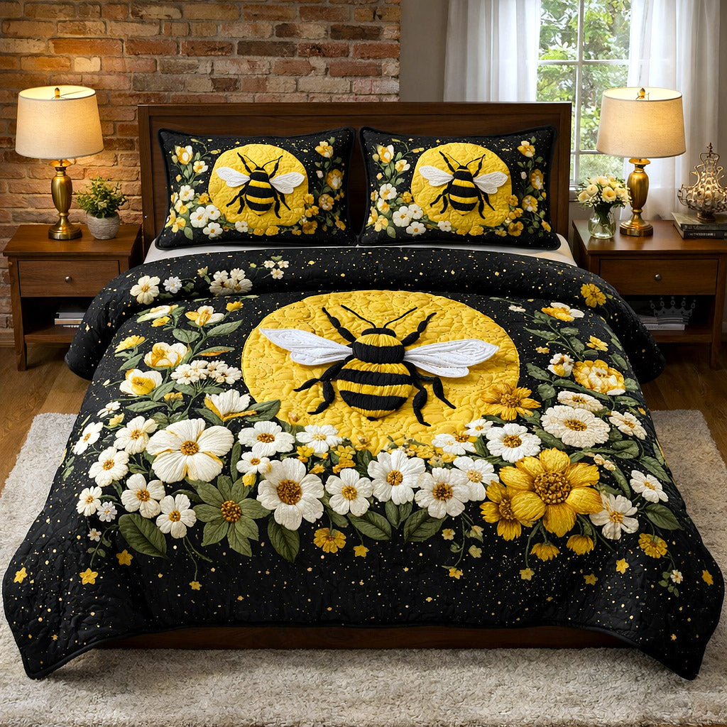 Honey Buzz Quilted Bedding Set Boho Bedroom Furniture Unique Bee Gifts