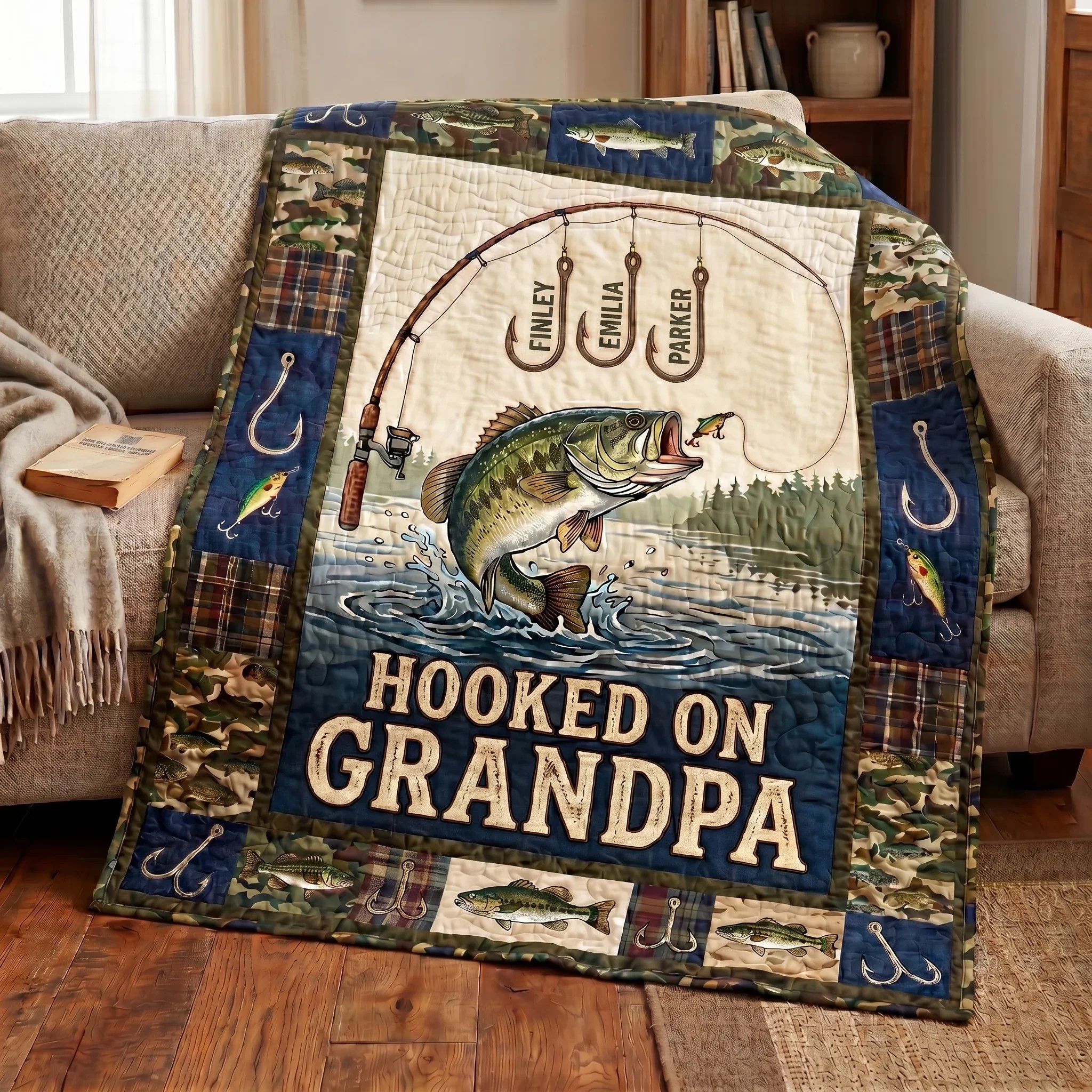 Hooked On Grandpa Quilted Blanket Living Room Decor Father's Day Gift Ideas
