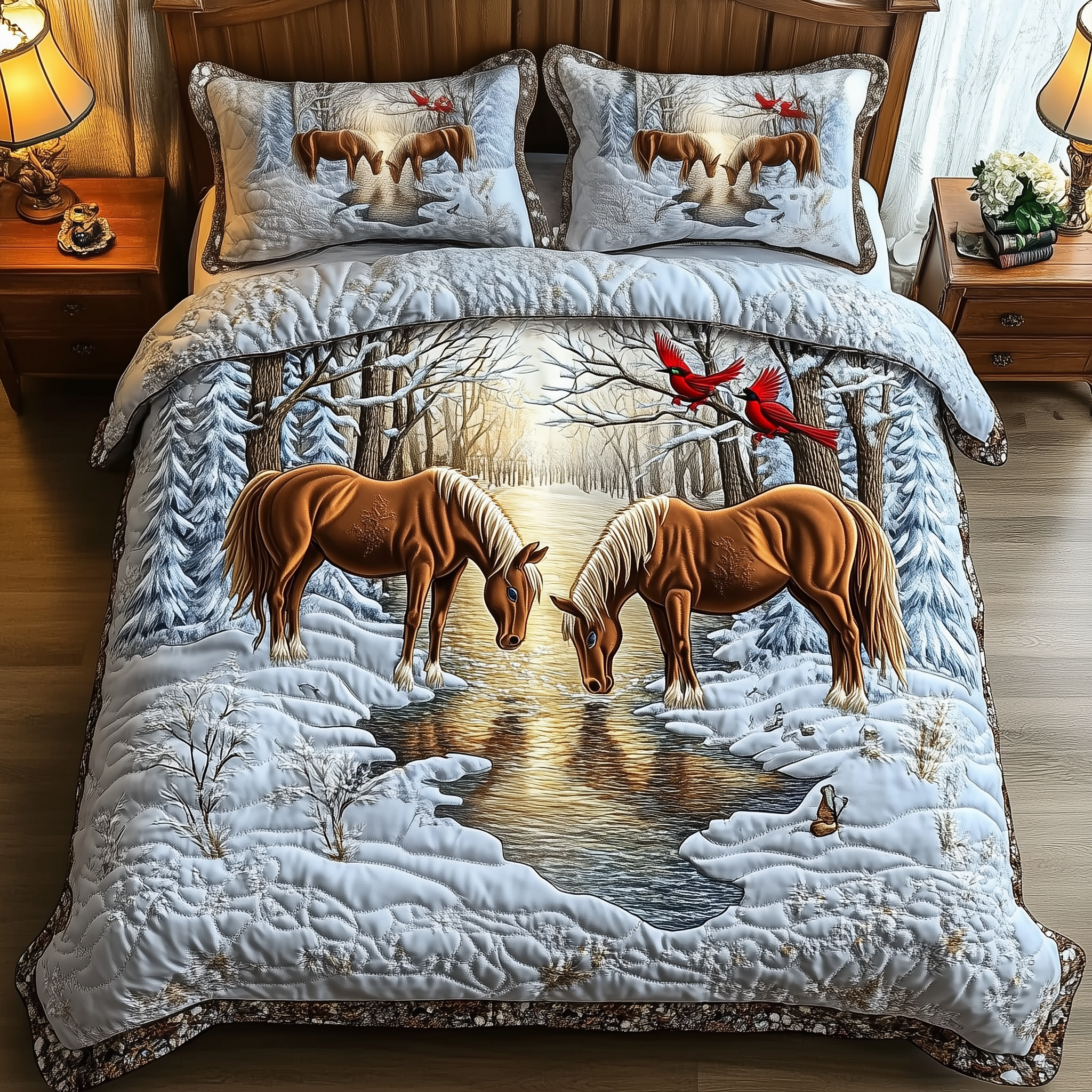 Horse Couple Winter Quilted Bedding Set Christmas Duvet Cover King Gifts For Horse People