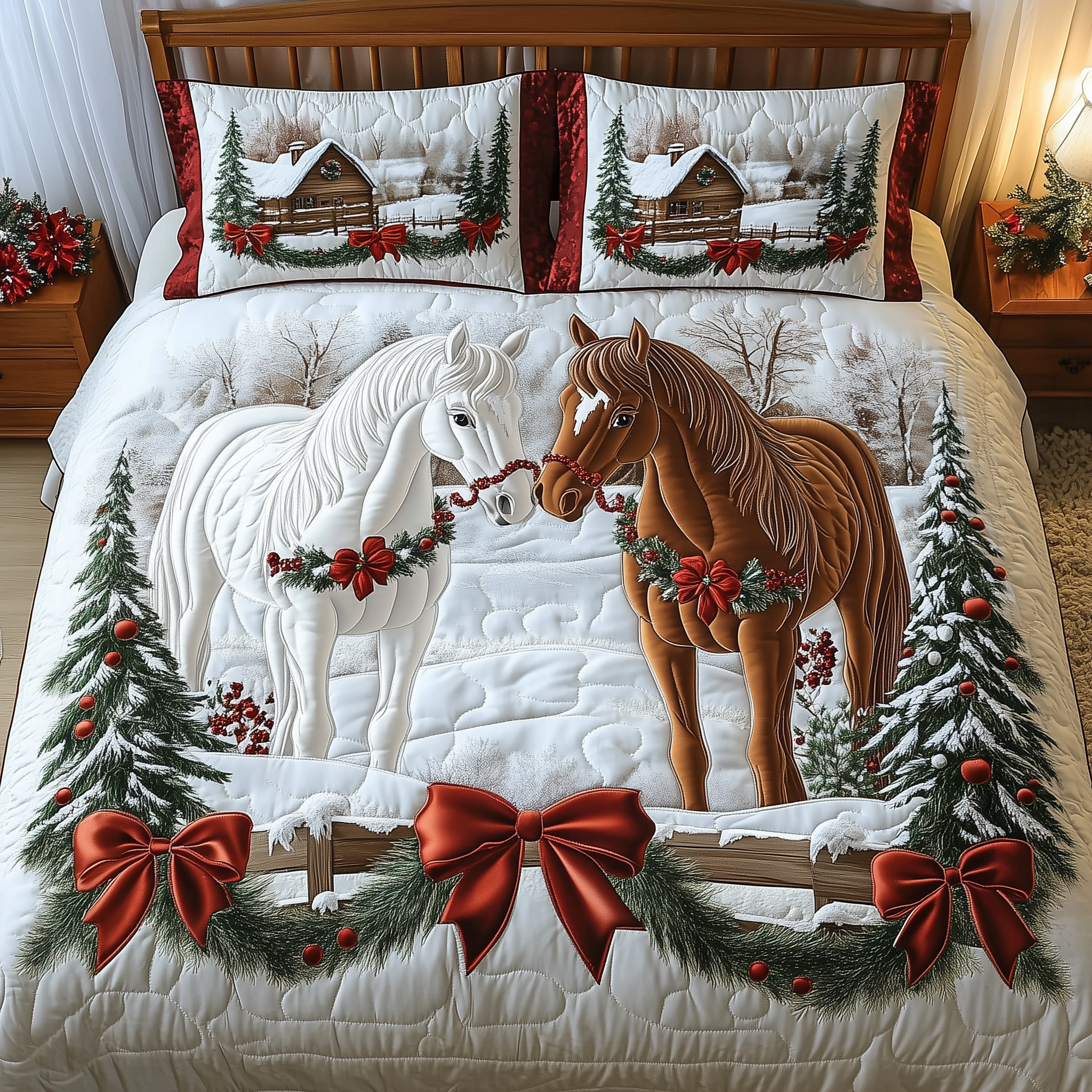Horse Couple Winter Quilted Bedding Set Christmas Sheet Set Great Gifts For Horse Lovers