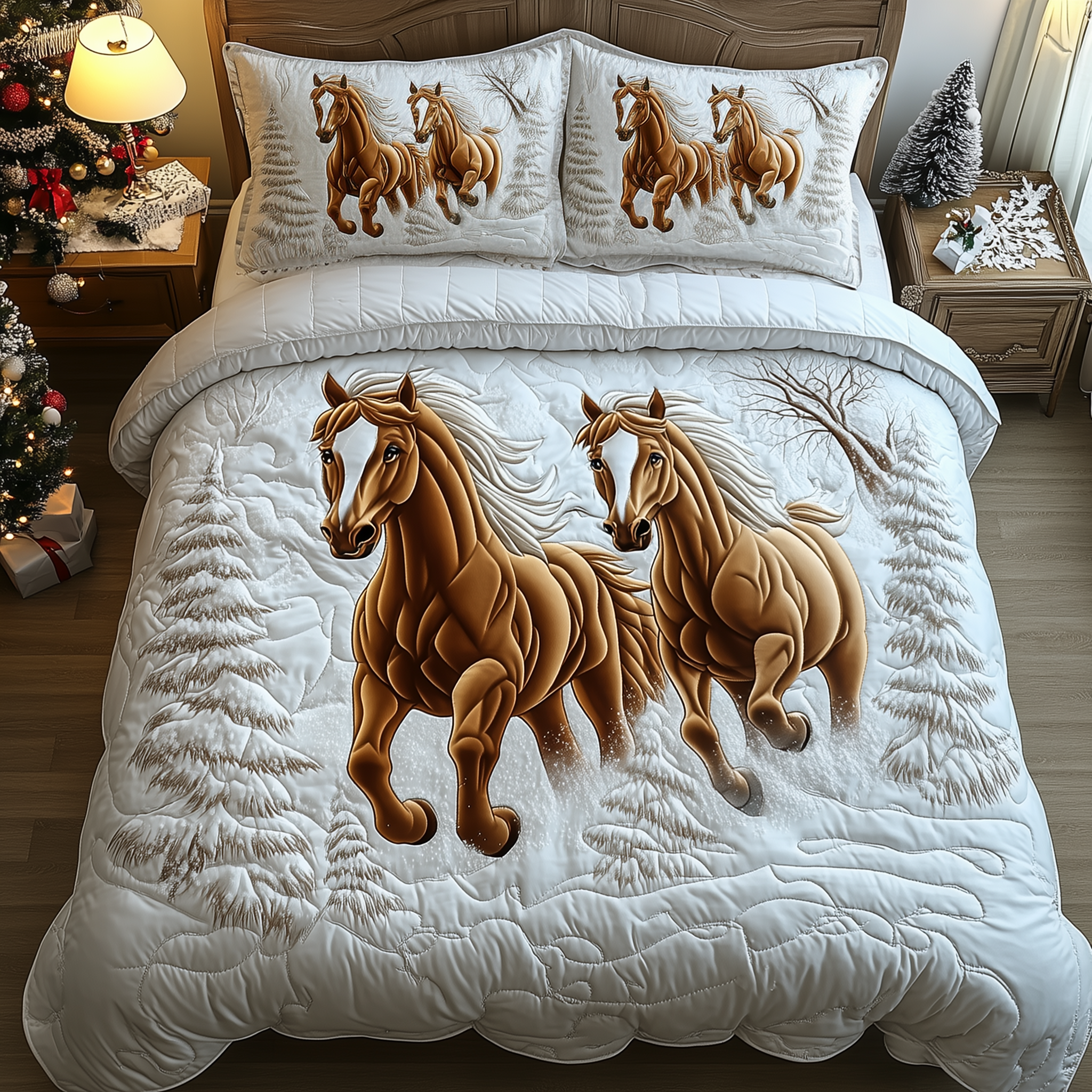 Horses Frosty Trail Quilted Bedding Set Xmas Duvet Sets Horse Themed Presents