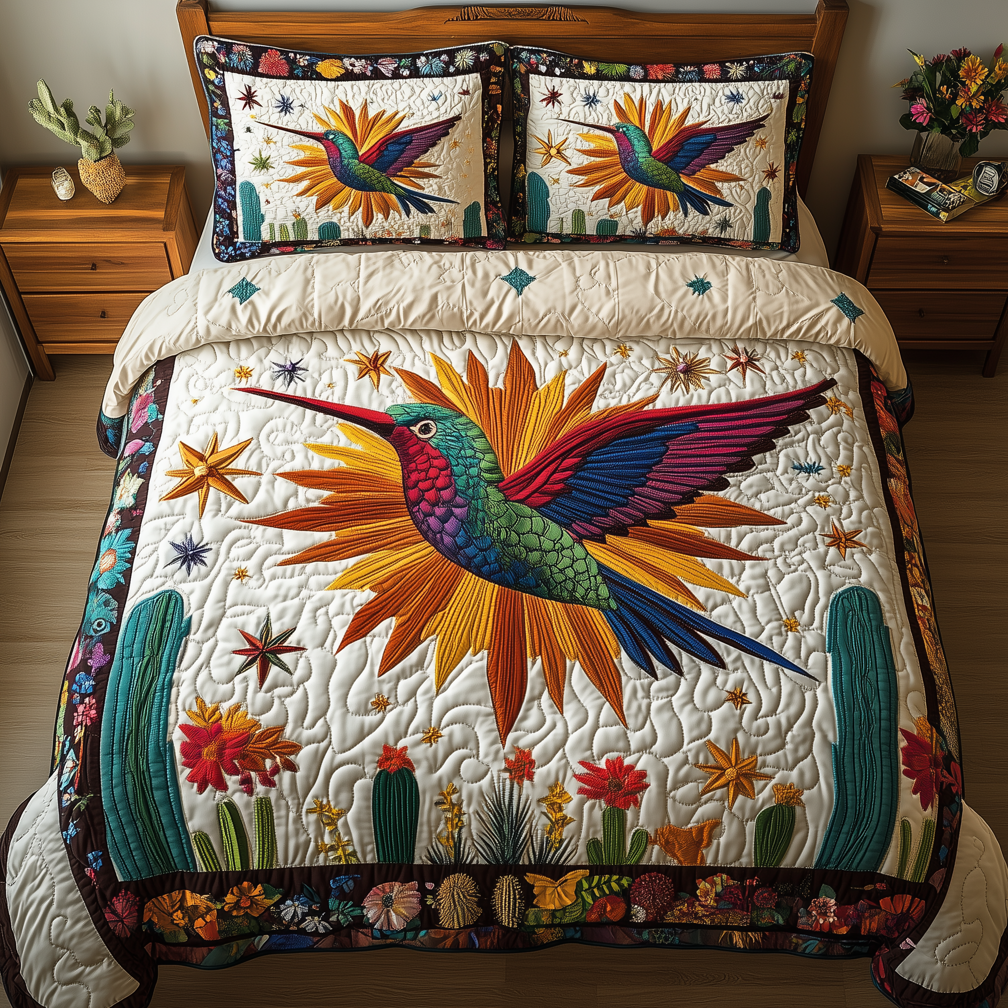 Hummingbird Cactus Flight Quilted Bedding Set Best Bedding Sets Best Gifts For Hummingbird Lovers