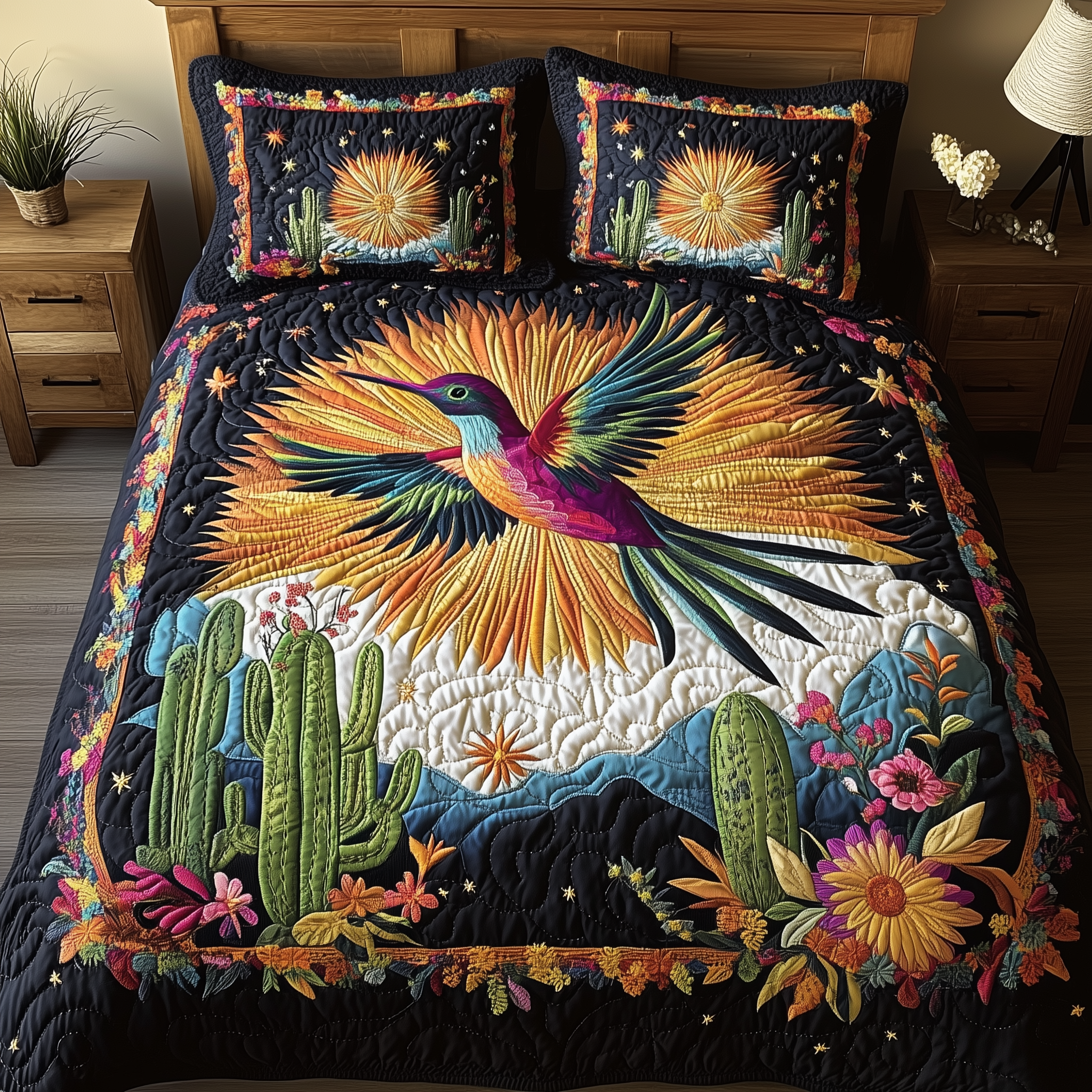 Hummingbird Desert Symphony Quilted Bedding Set Best King Sheet Set Hummingbird Gifts For Mom Mother's Day