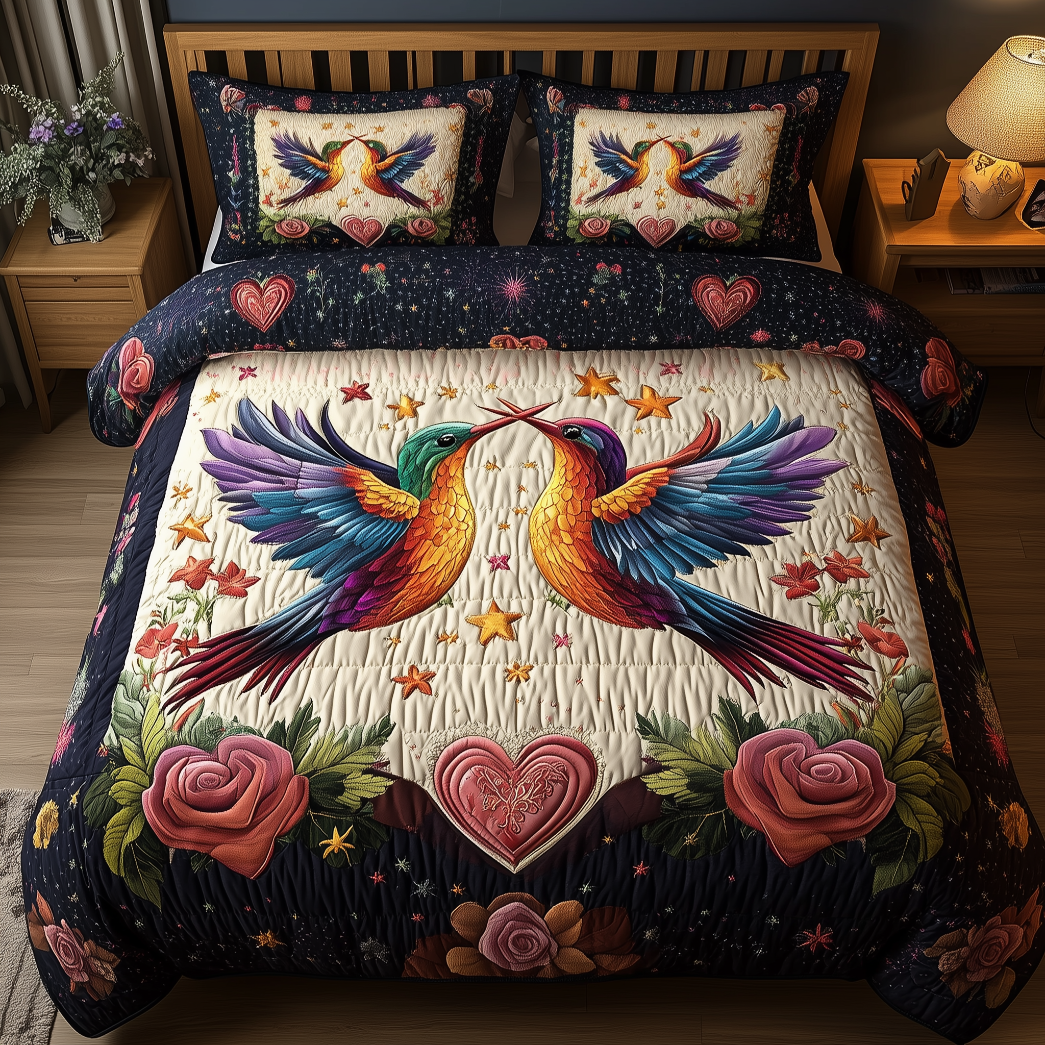 Hummingbird Heartstrings Quilted Bedding Set Best Queen Sheets Hummingbird Mother's Day Gifts