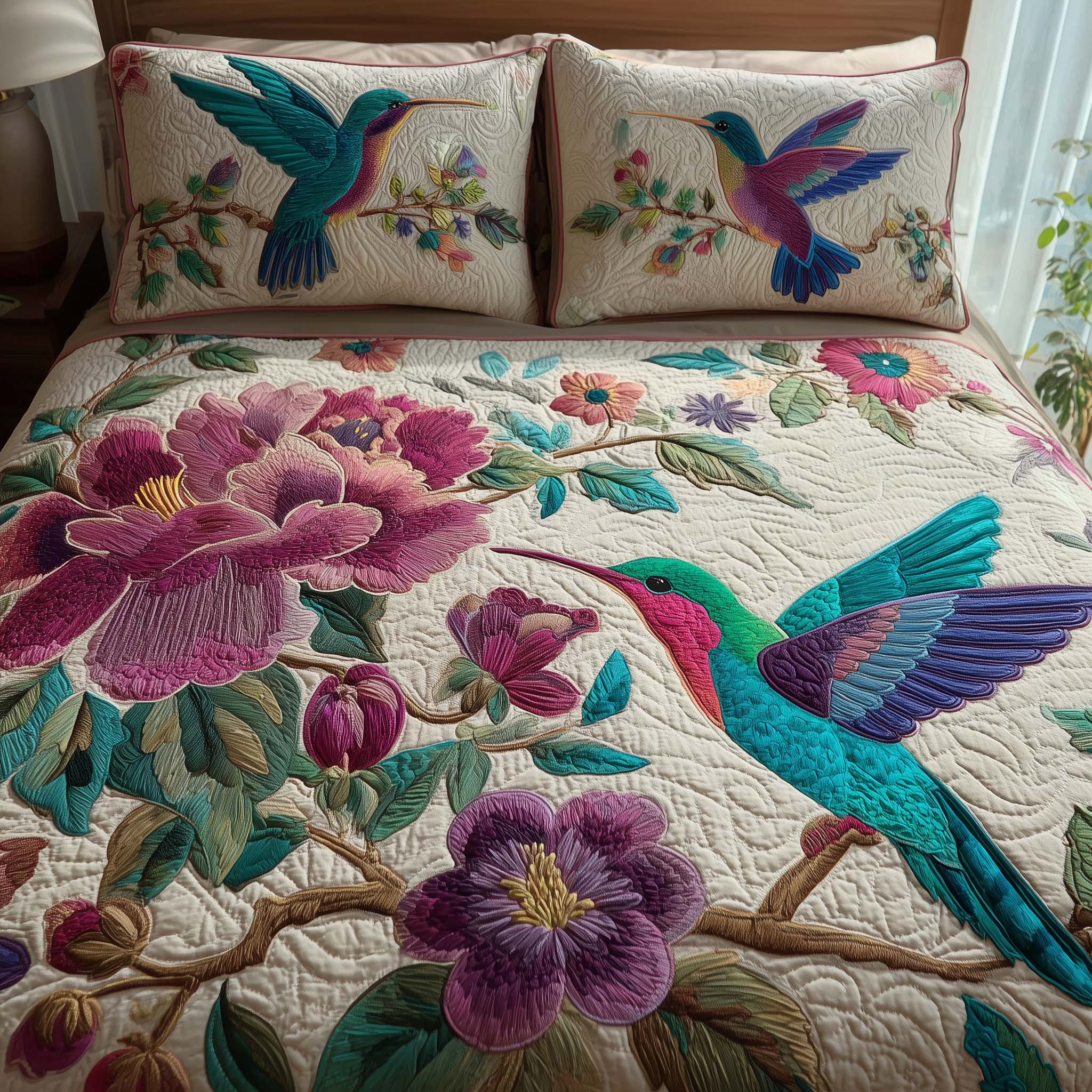 Hummingbird Heaven Quilted Bedding Set Queen Bed Set Mardi Gras Gifts For Him