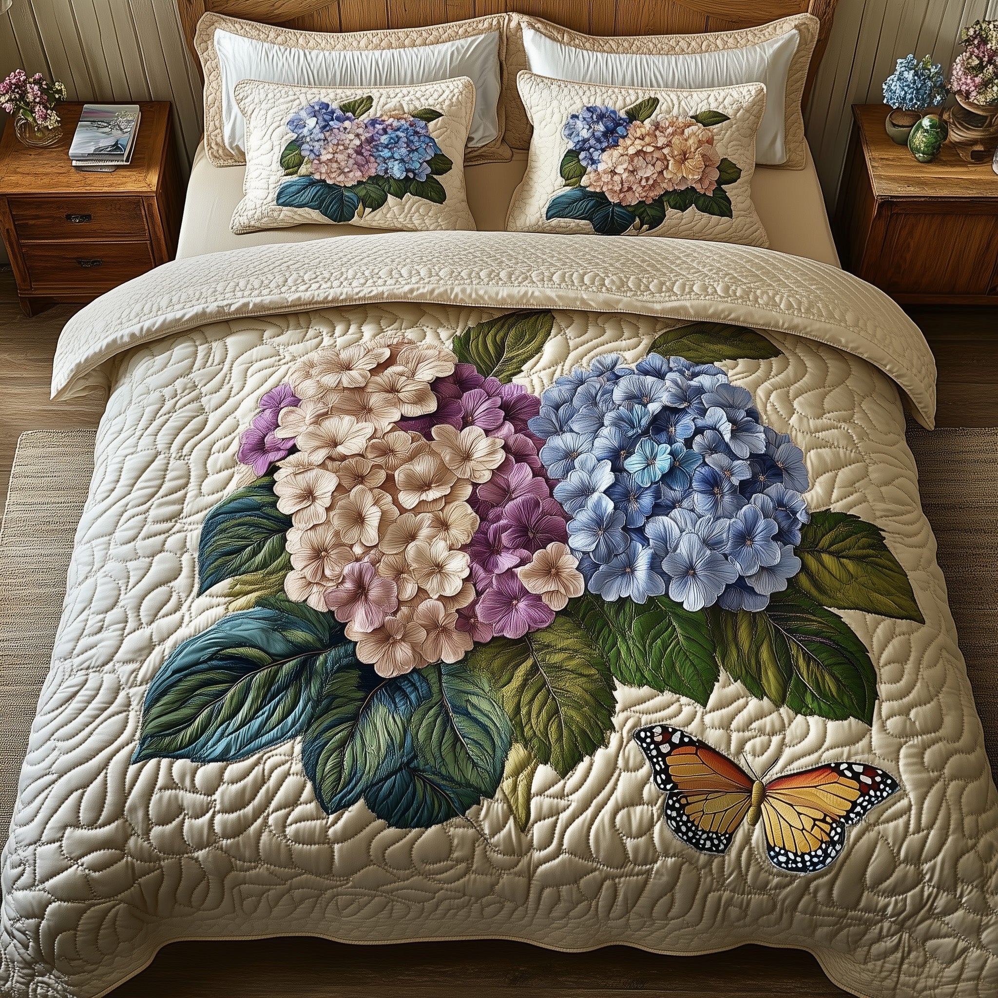 Hydrangea Bloom Elegance Quilted Bedding Set Best King Size Sheets Mother's Day Gifts For Grandma
