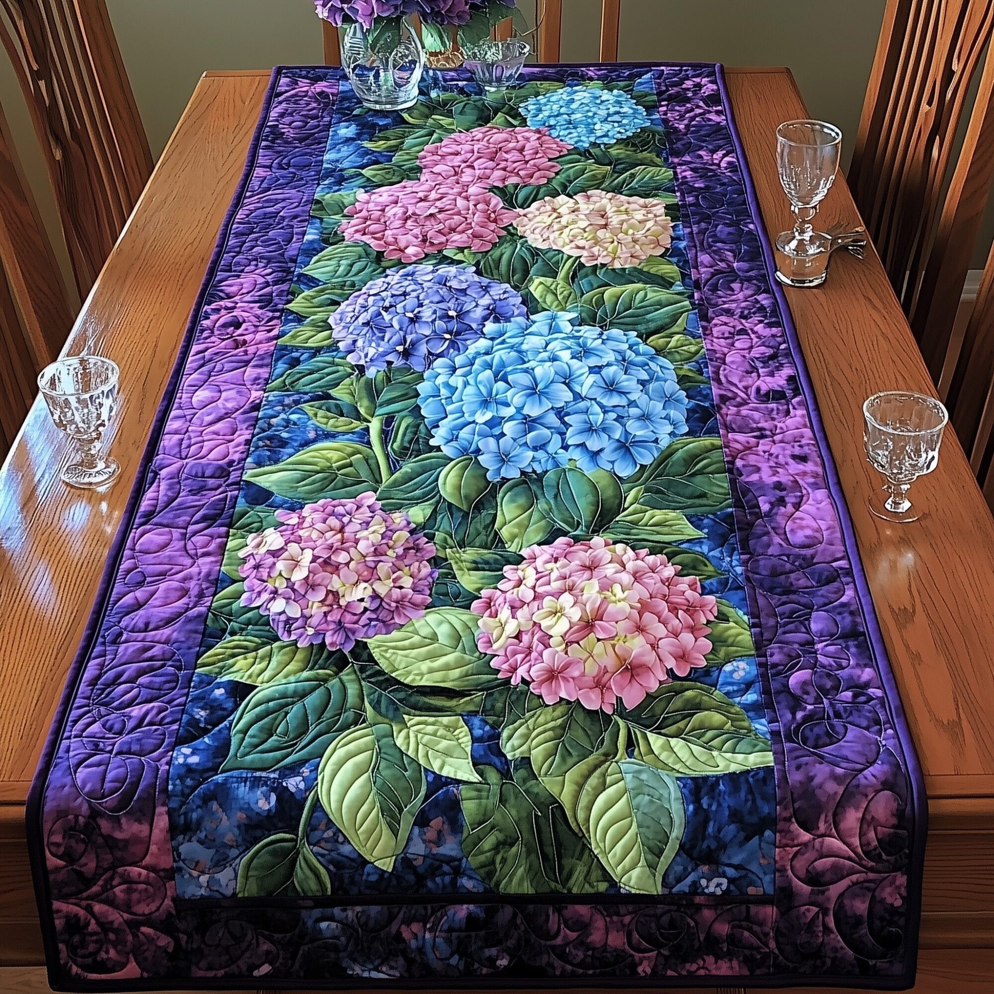Hydrangea Bloom Elegance Quilted Table Runner Dining Table Ideas Mother's Day For Grandma