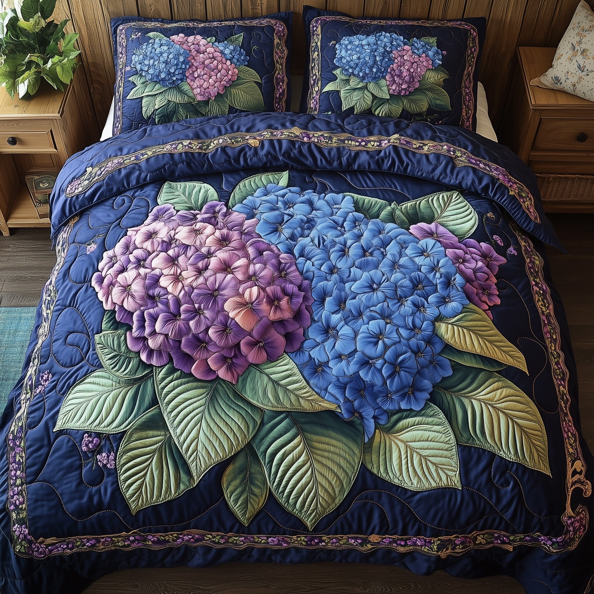 Hydrangea Floral Bliss Quilted Bedding Set Bed Room Art Creative Mother's Day Gifts