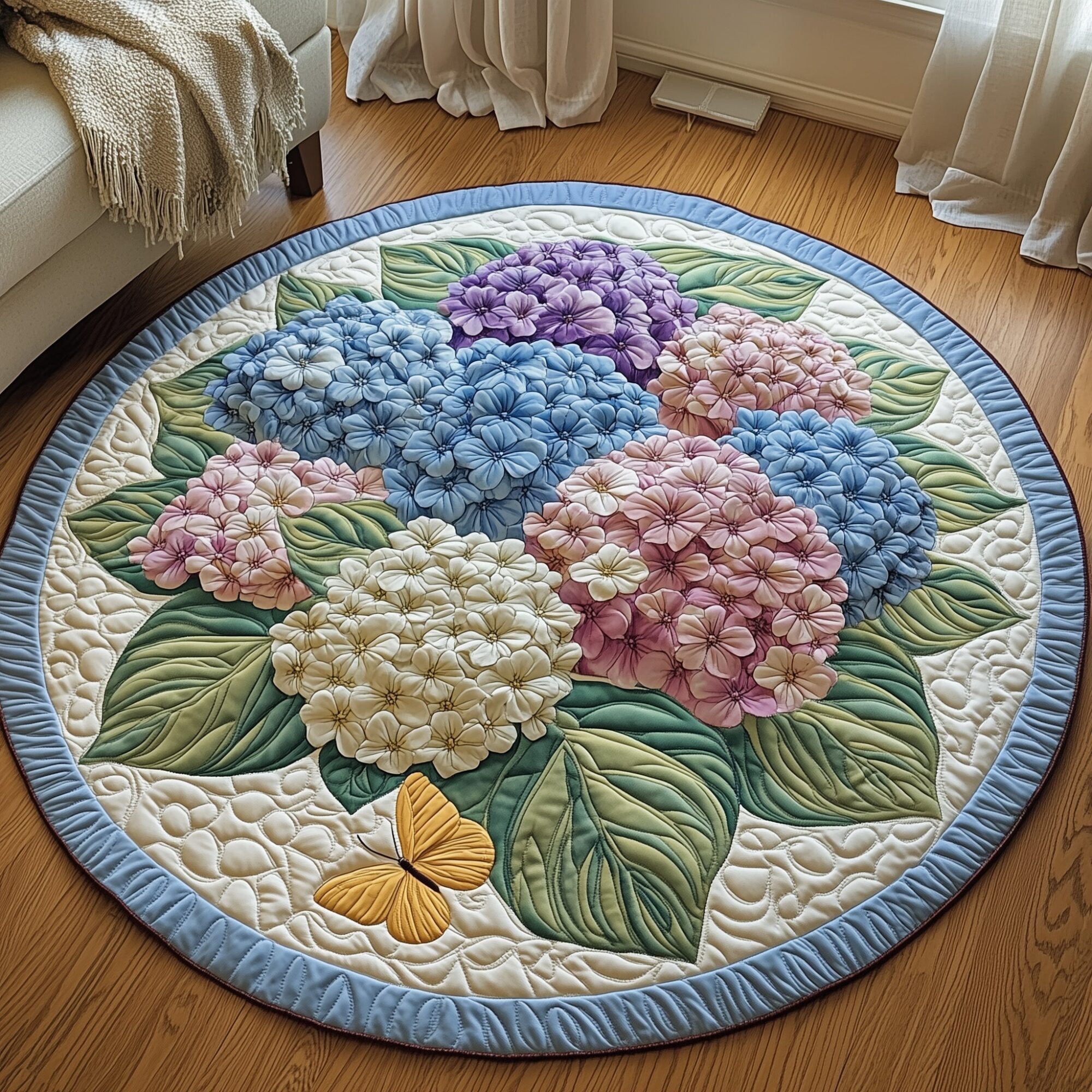 Hydrangea Floral Bliss Quilted Round Mat Handcrafted Quilted Round Mat for Special Touch