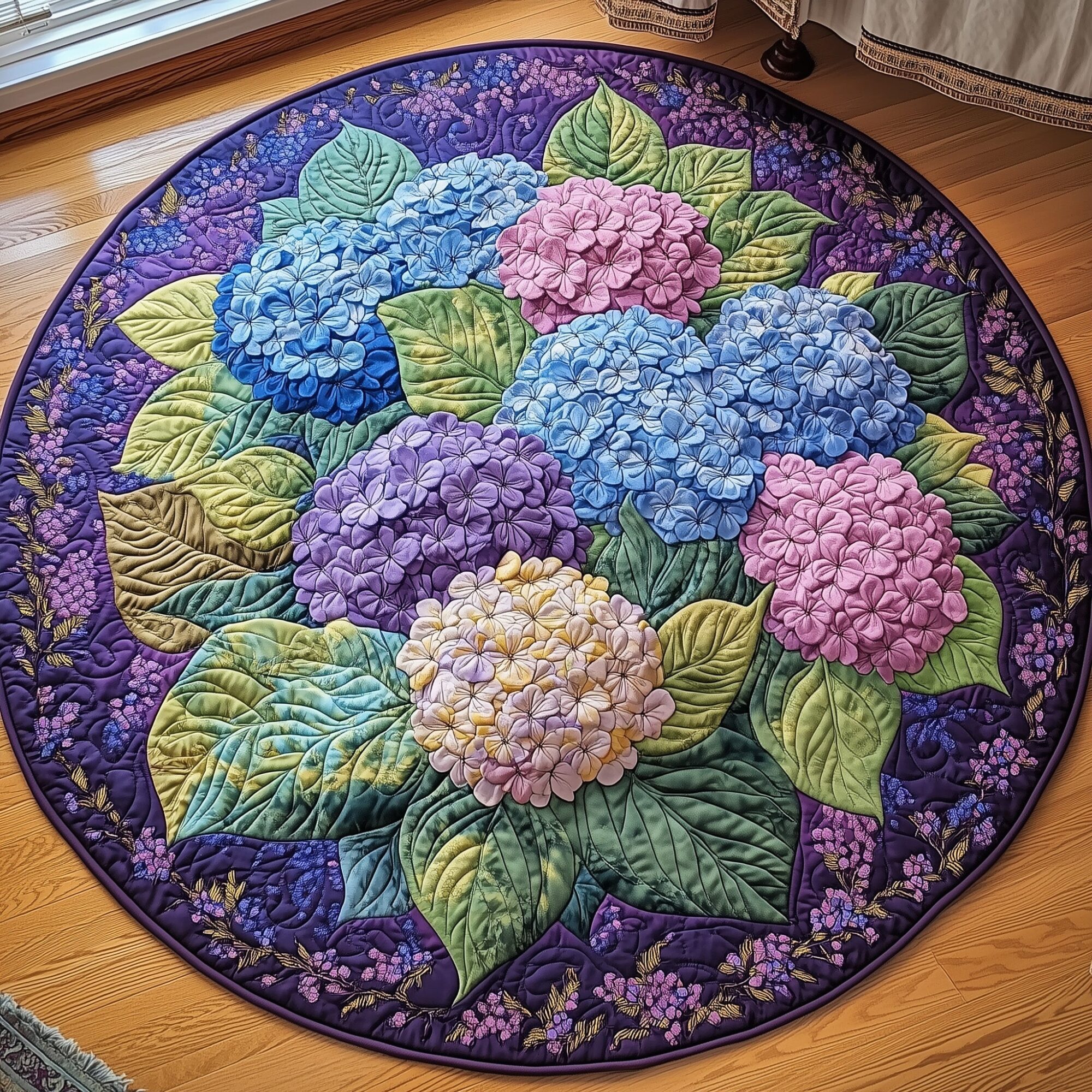 Hydrangea Floral Bliss Quilted Round Mat High-Quality Quilted Round Mat for Soft Comfort