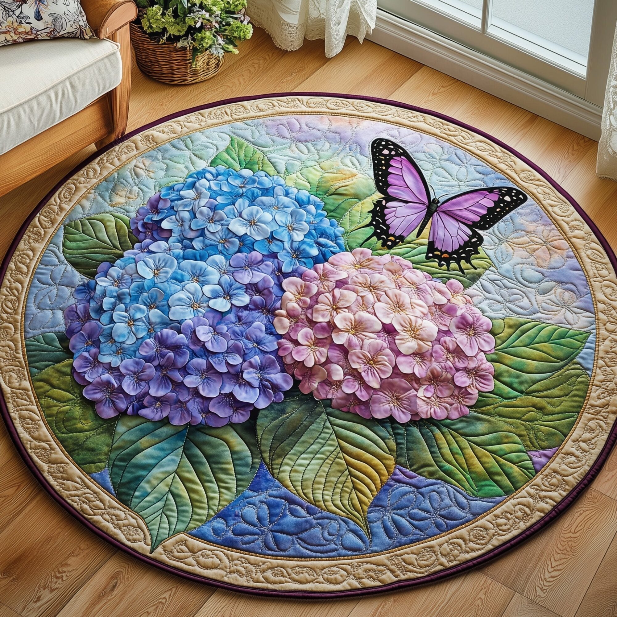 Hydrangea Floral Bliss Quilted Round Mat Unique Quilted Round Mat for Modern Interiors