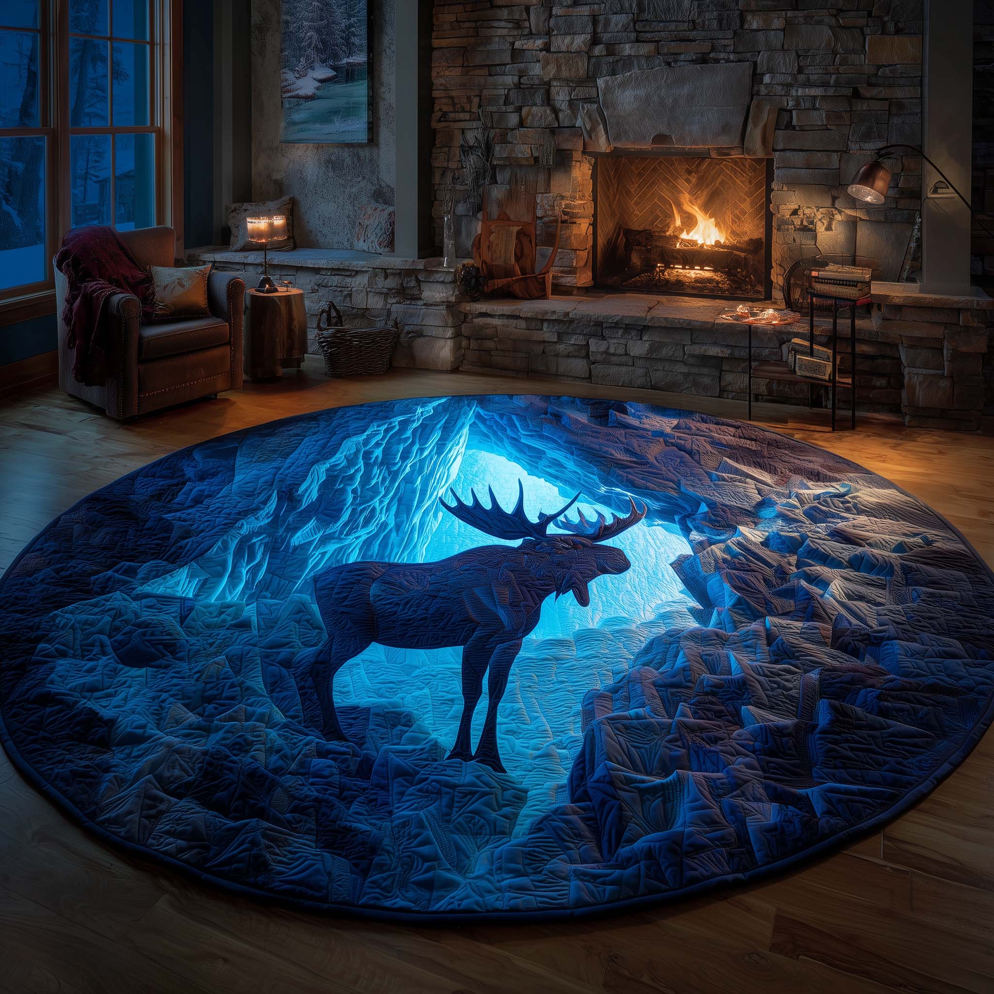 Ice Cave Moose Quilted Round Mat Unique Quilted Round Mat for Modern Interiors