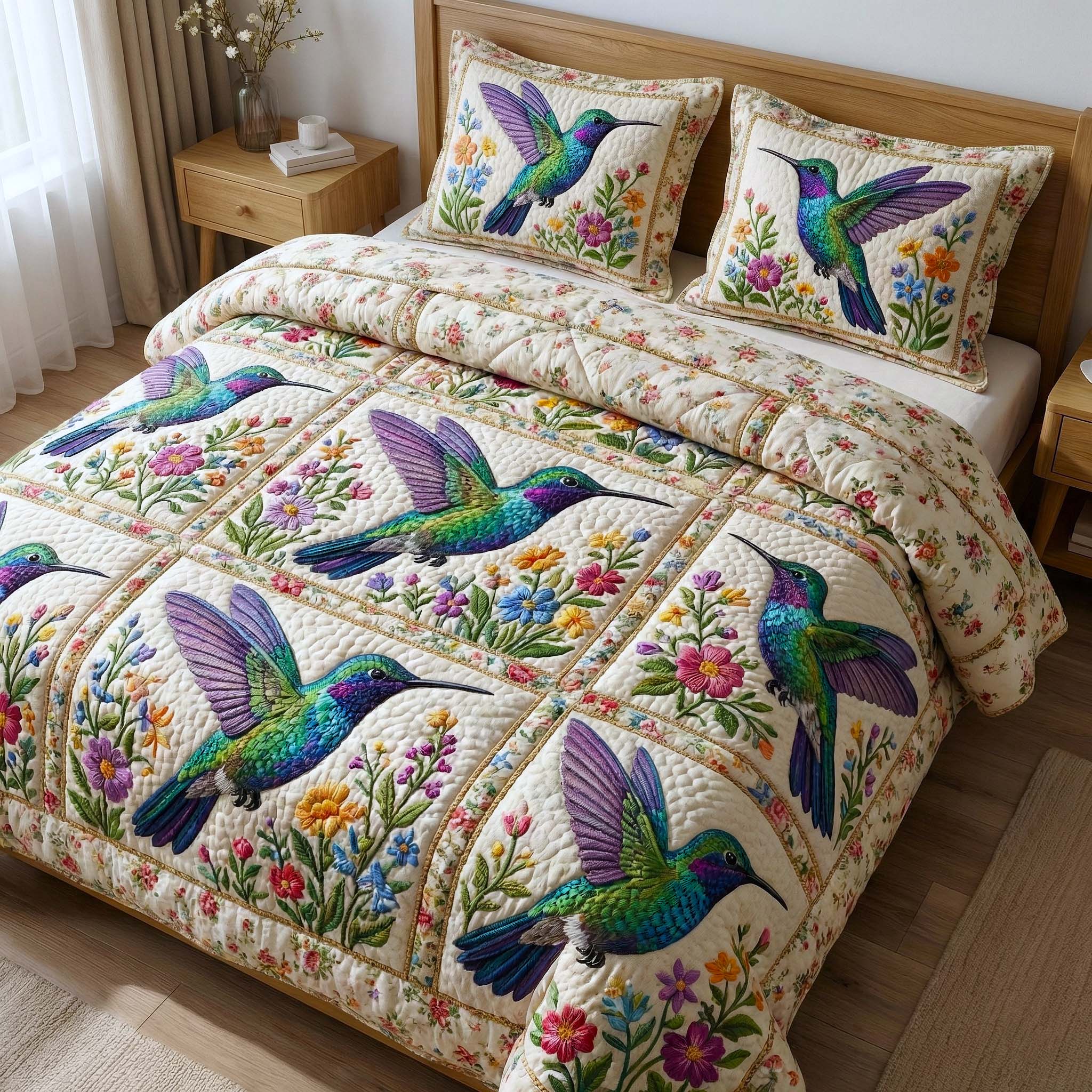 Iridescent Drift Quilted Bedding Set Unique Bed Sheets Hummingbird Gifts For Ladies