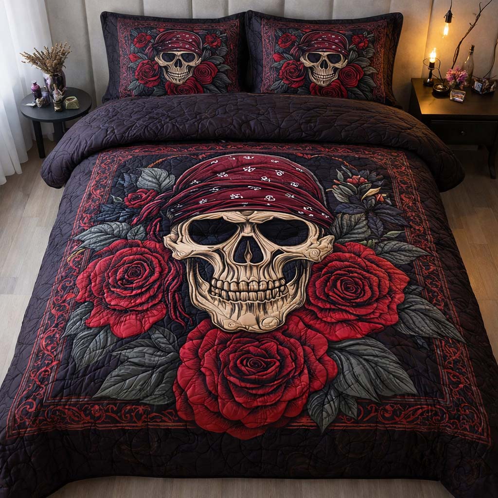 Iron Rose Skull Quilted Bedding Set Unusual Bed Sheets Skull Presents For Her