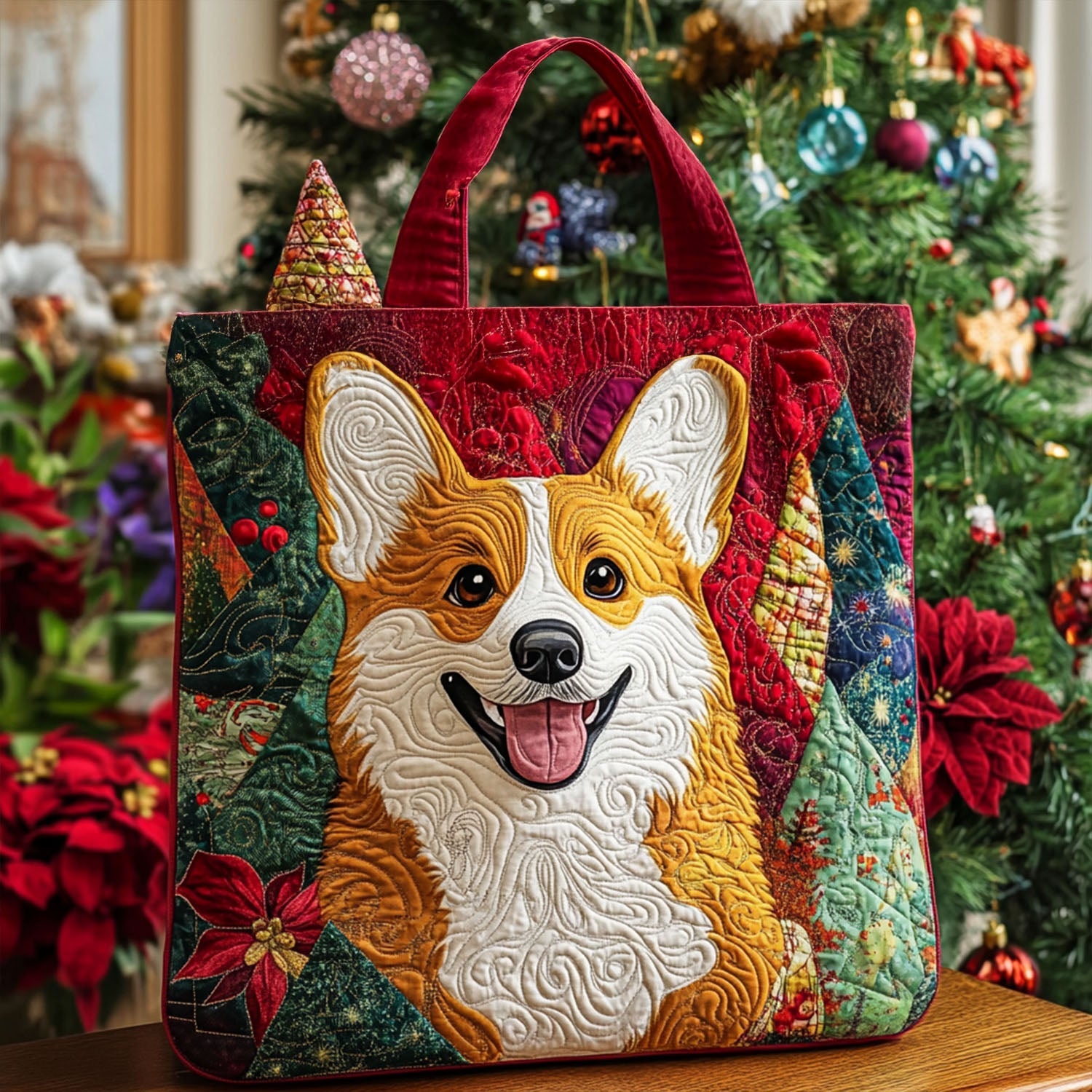 Jingle Paw Corgi Quilted Tote Bag Patchwork Tote Bag Gifts For A Corgi Lover