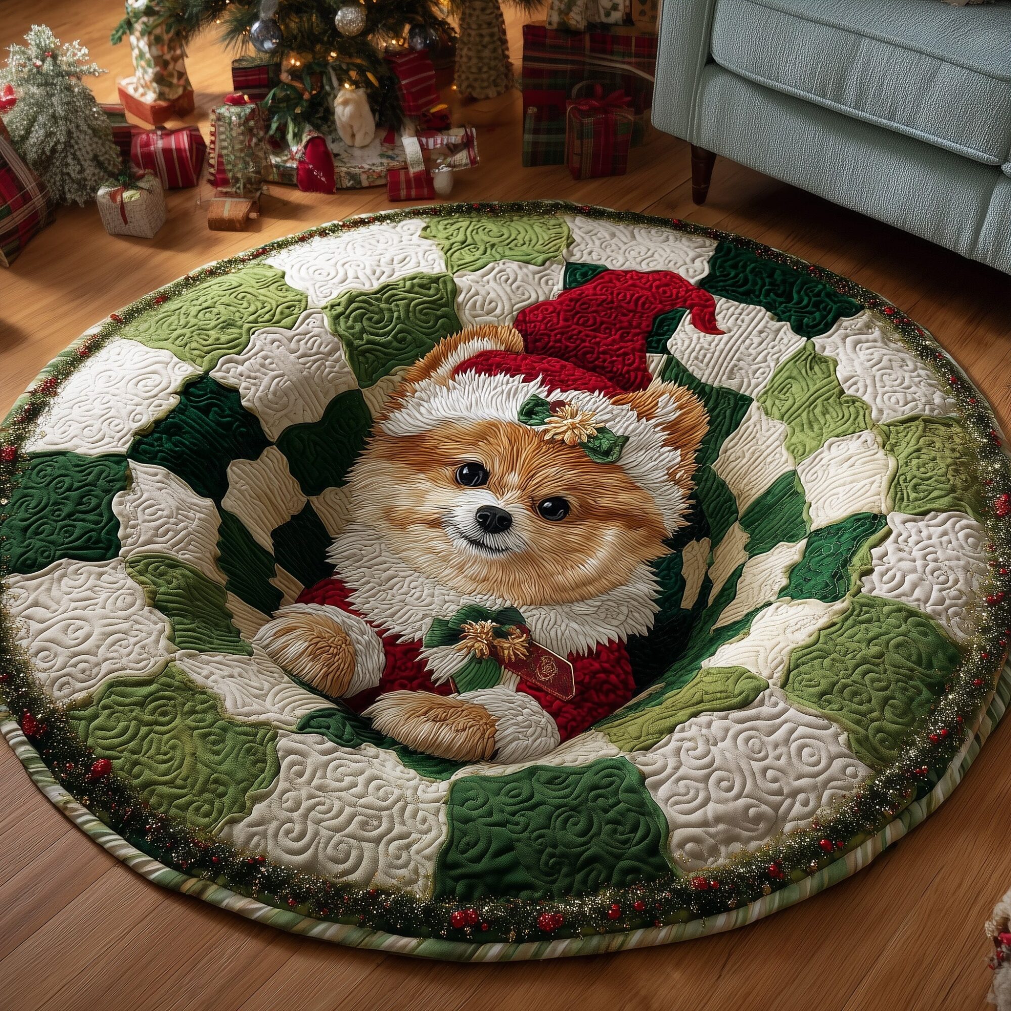 Jolly Pomeranian Quilted Round Mat Soft Cotton Quilted Round Mat for Daily Comfort