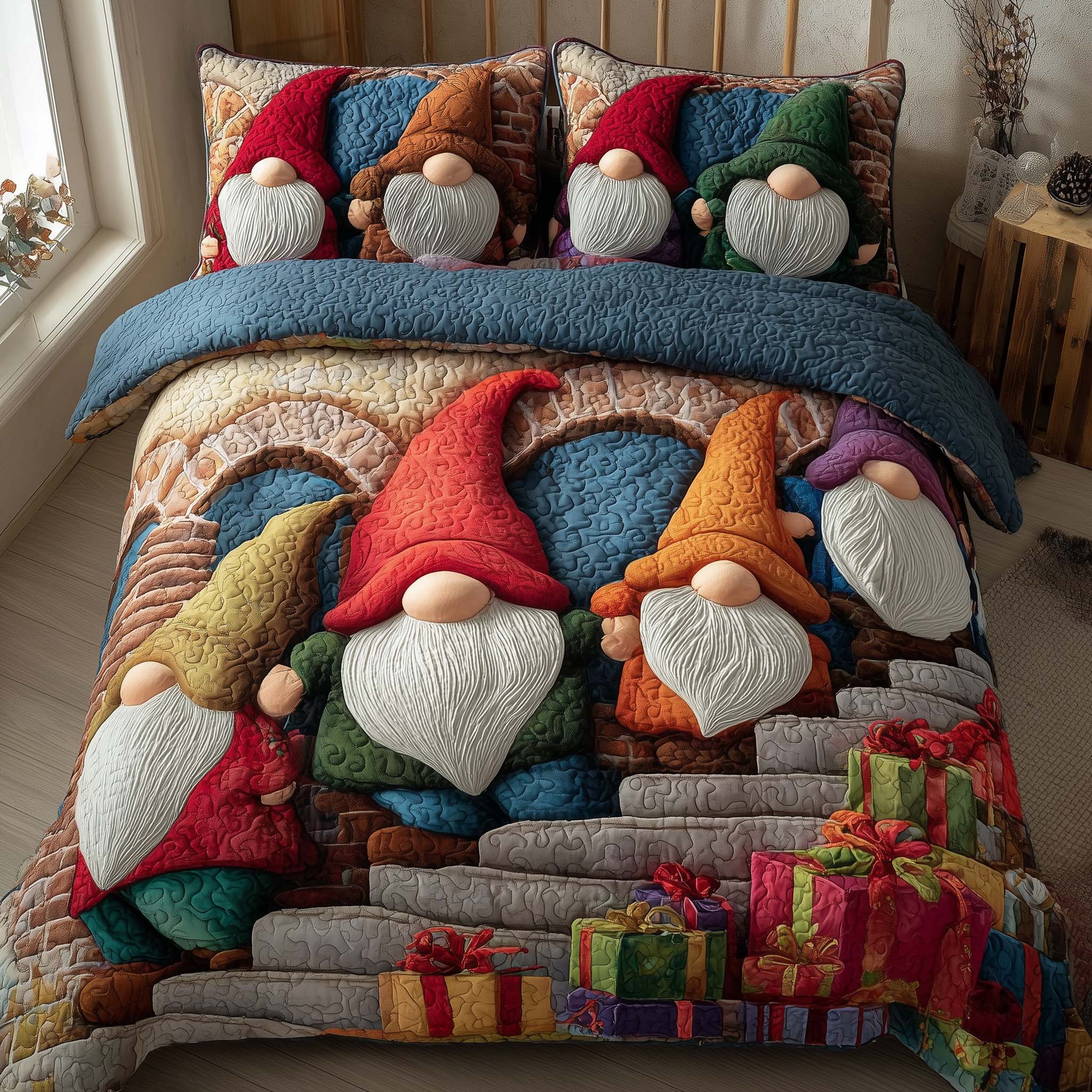Joyful Christmas Gnomes Quilted Bedding Set Bedroom Ideas For Christmas Gnome Presents