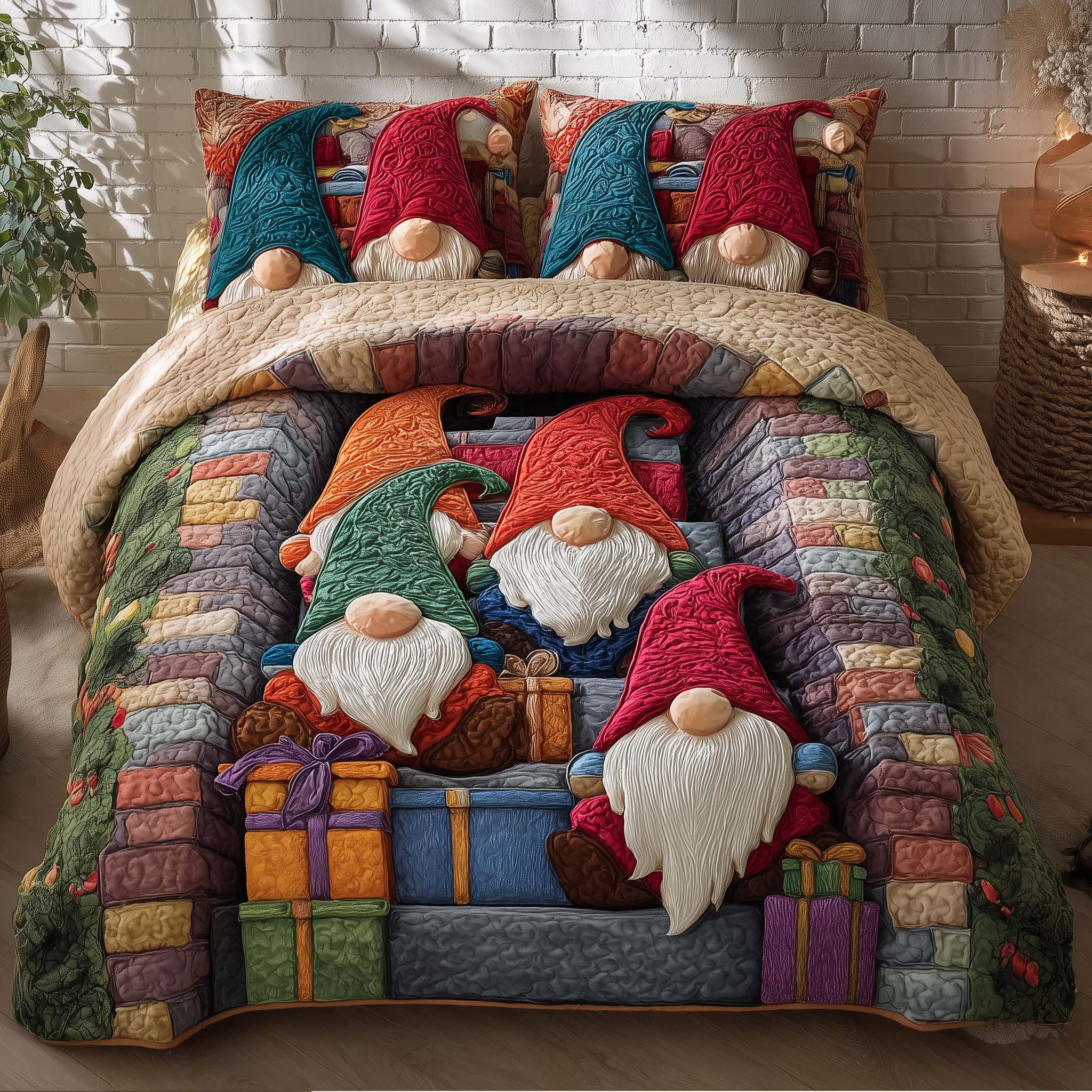 Joyful Christmas Gnomes Quilted Bedding Set Christmas Comforter Queen Gnome Christmas Gifts
