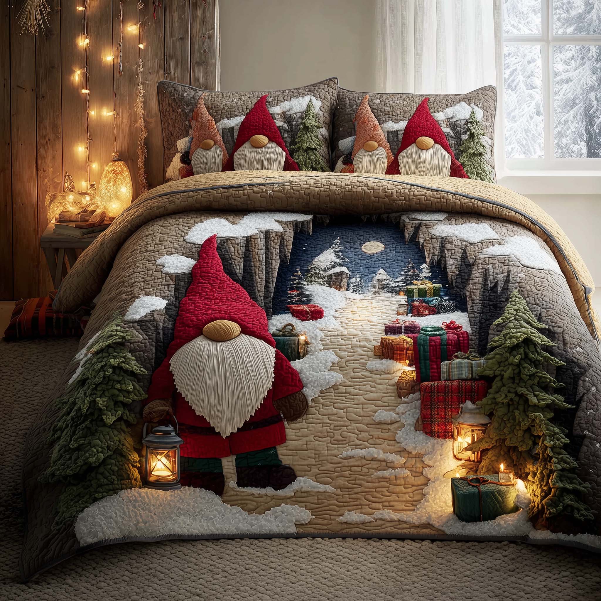 Joyful Christmas Gnomes Quilted Bedding Set Christmas Duvet Cover Set Gnome Themed Gifts