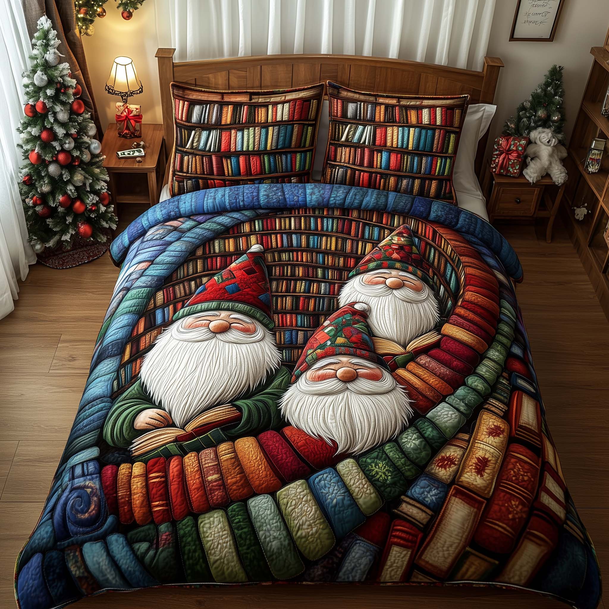 Joyful Christmas Gnomes Quilted Bedding Set Xmas Duvet Funny Gnome Gifts