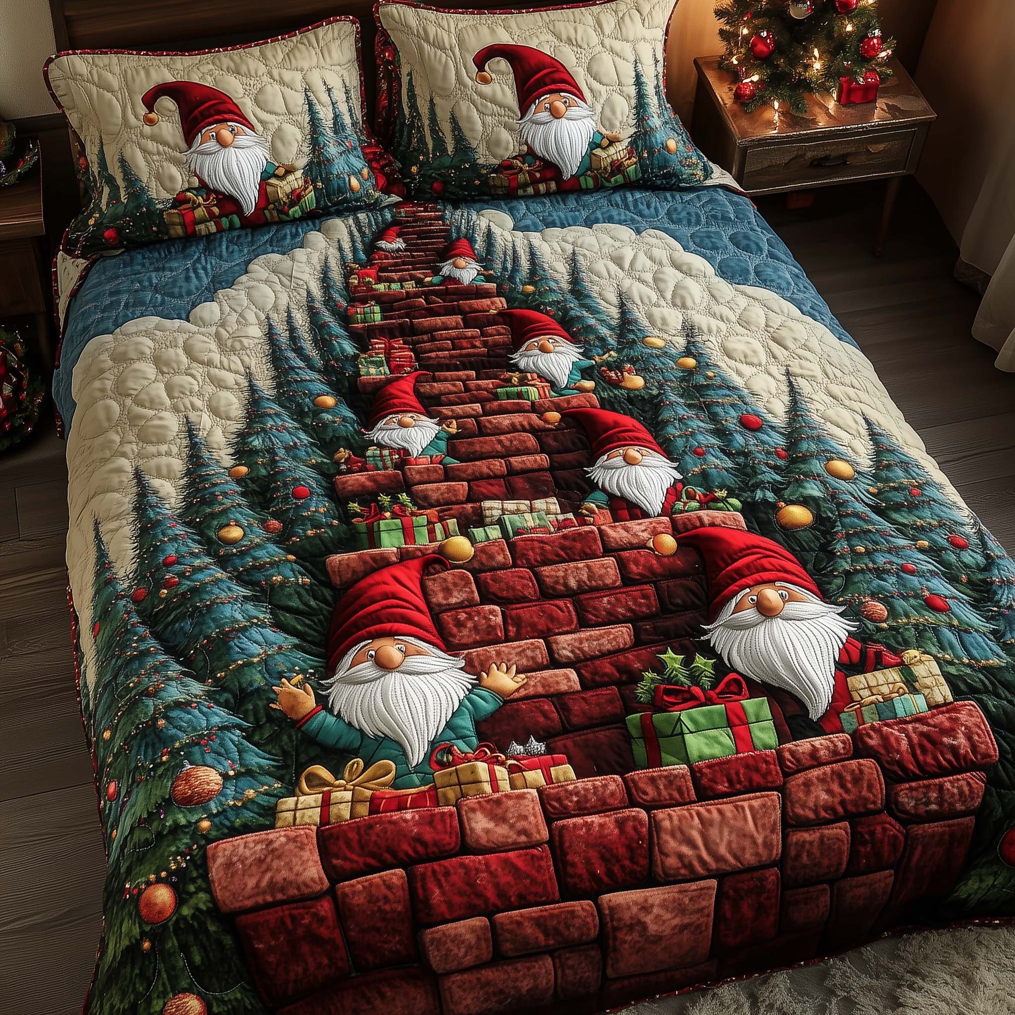 Joyful Christmas Gnomes Quilted Bedding Set Xmas Duvet Sets Best Gnome Gifts