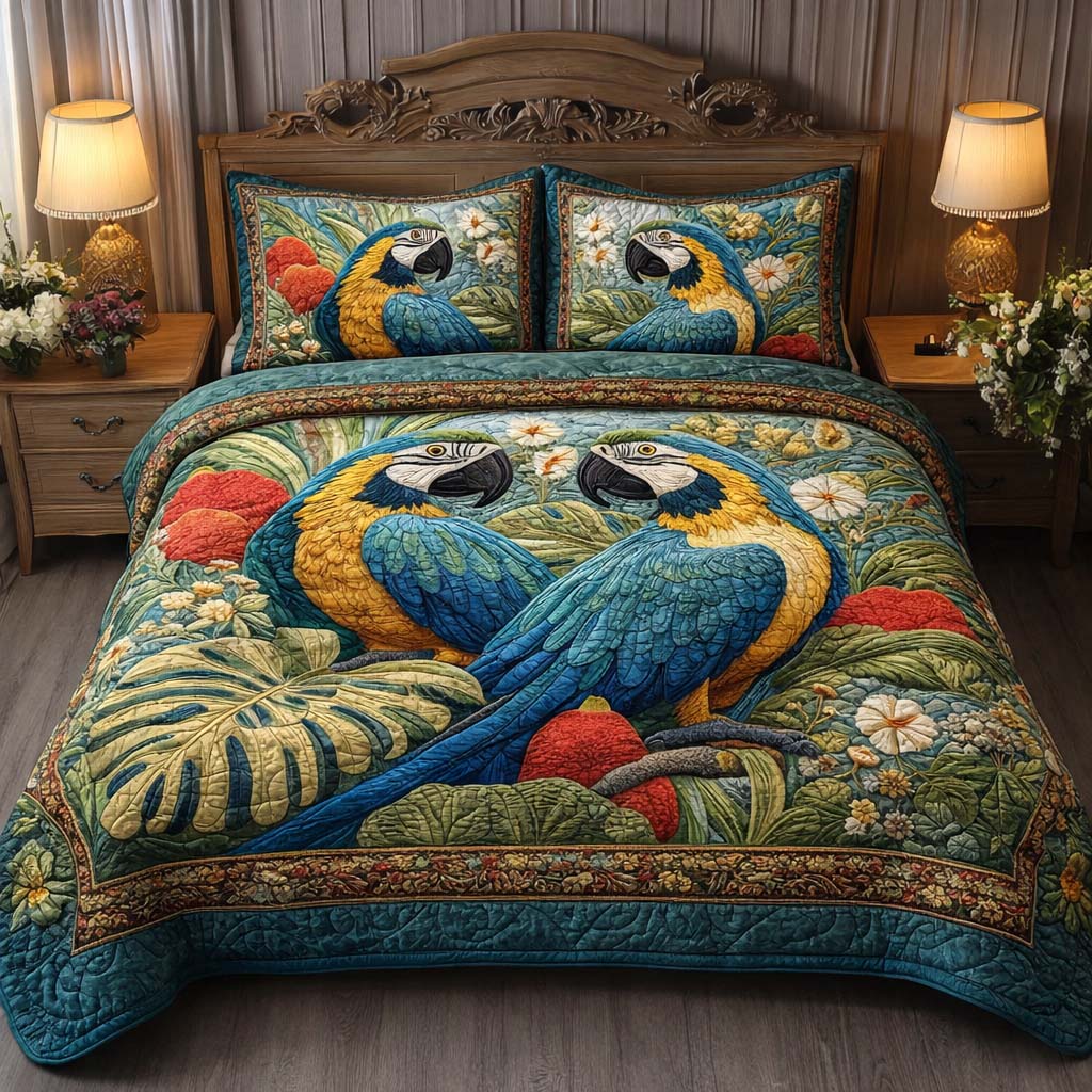 Jungle Pair Quilted Bedding Set Bedroom Decor Gift Ideas For Parrot Lovers