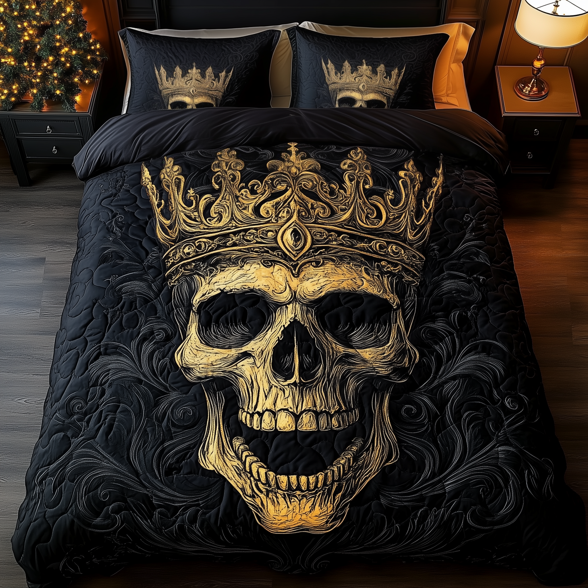 King of Shadows Quilted Bedding Set Boho Bedroom Ideas Skull Gifts For Women