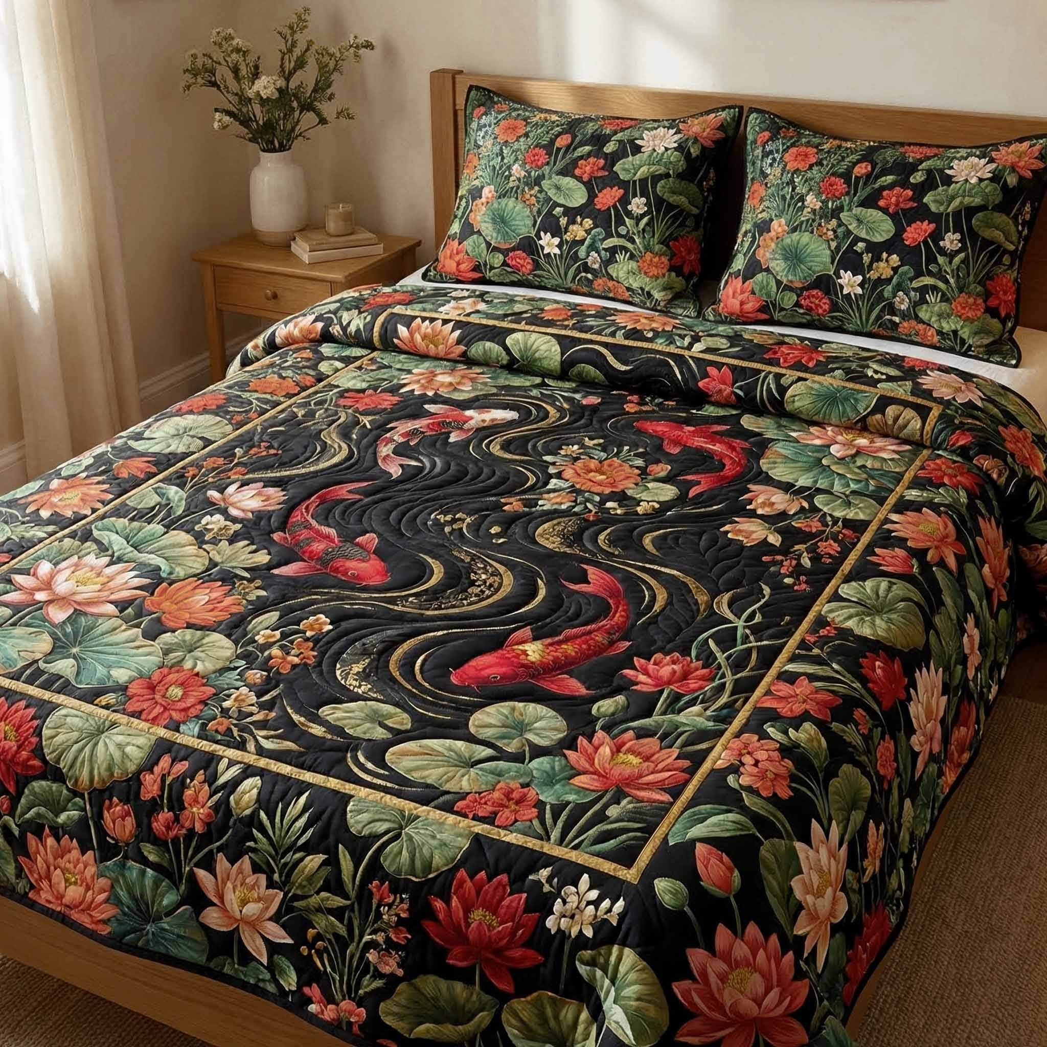 Koi Fish Midnight Pond Quilted Bedding Set Japanese Inspired Bed Decor Gifts For Mother