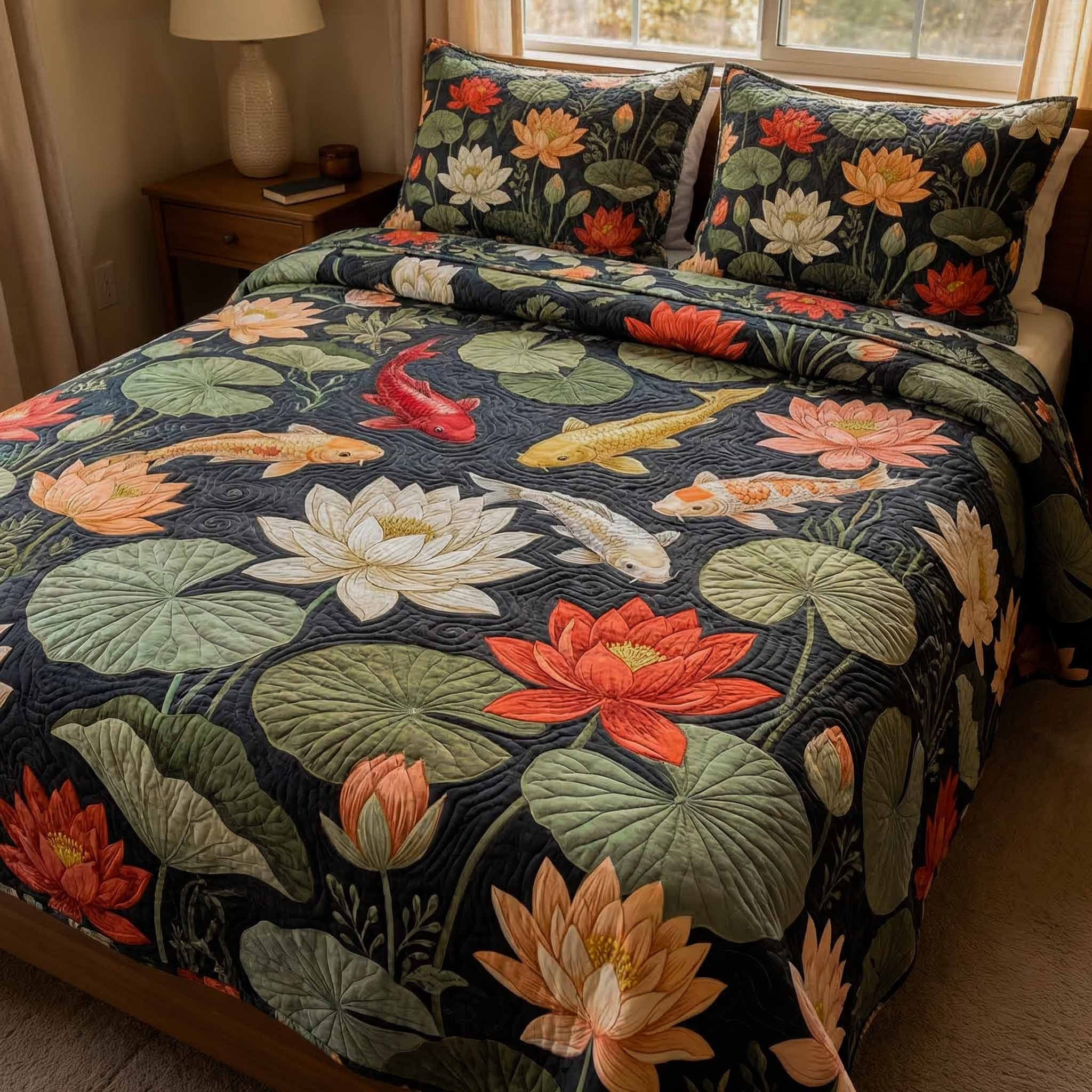 Koi Fish Twilight Lily Quilted Bedding Set Japanese Inspired Bed Decor Mother's Day Gifts