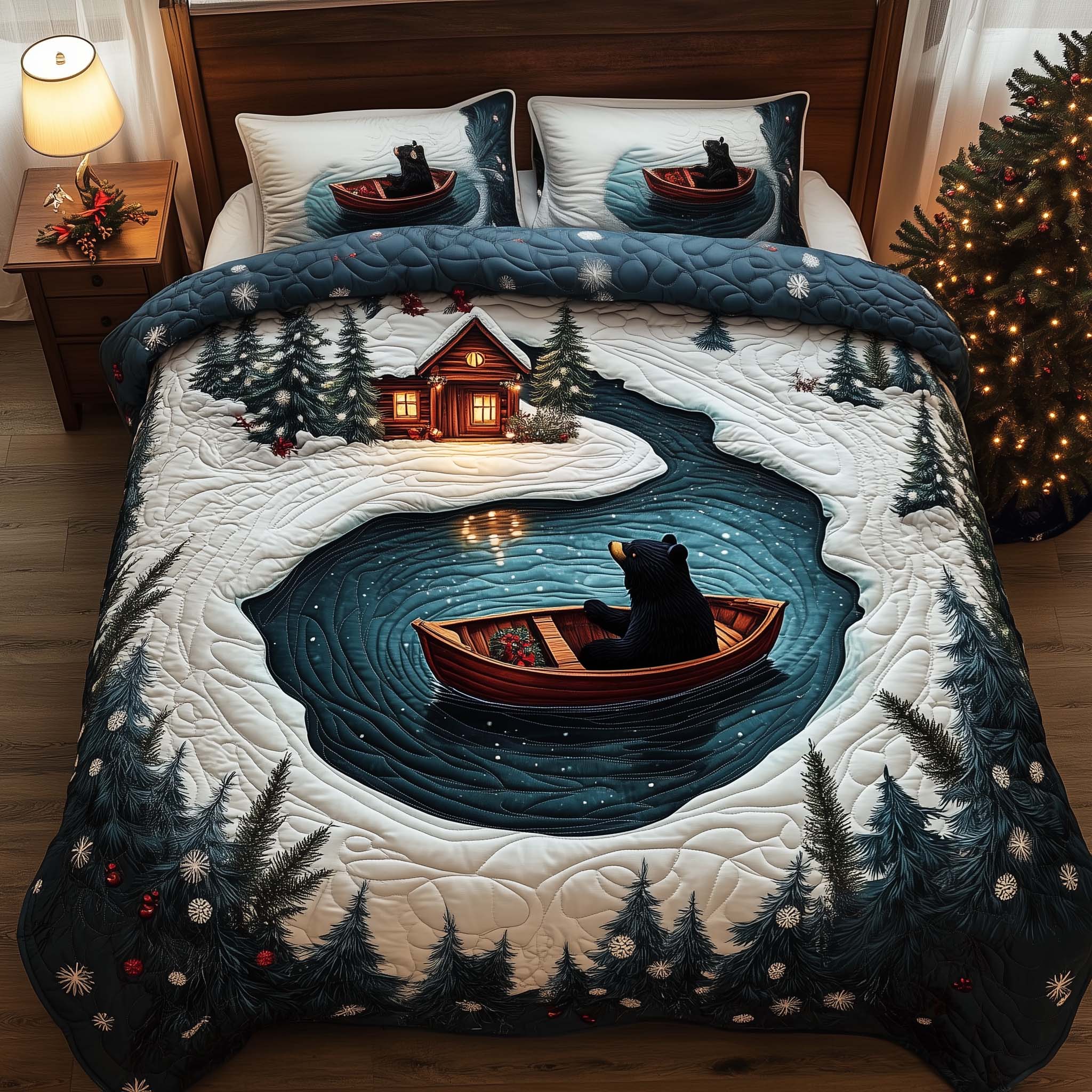 Lake Retreat Quilted Bedding Set Xmas Comforters Best Unique Gifts For Bear Lovers