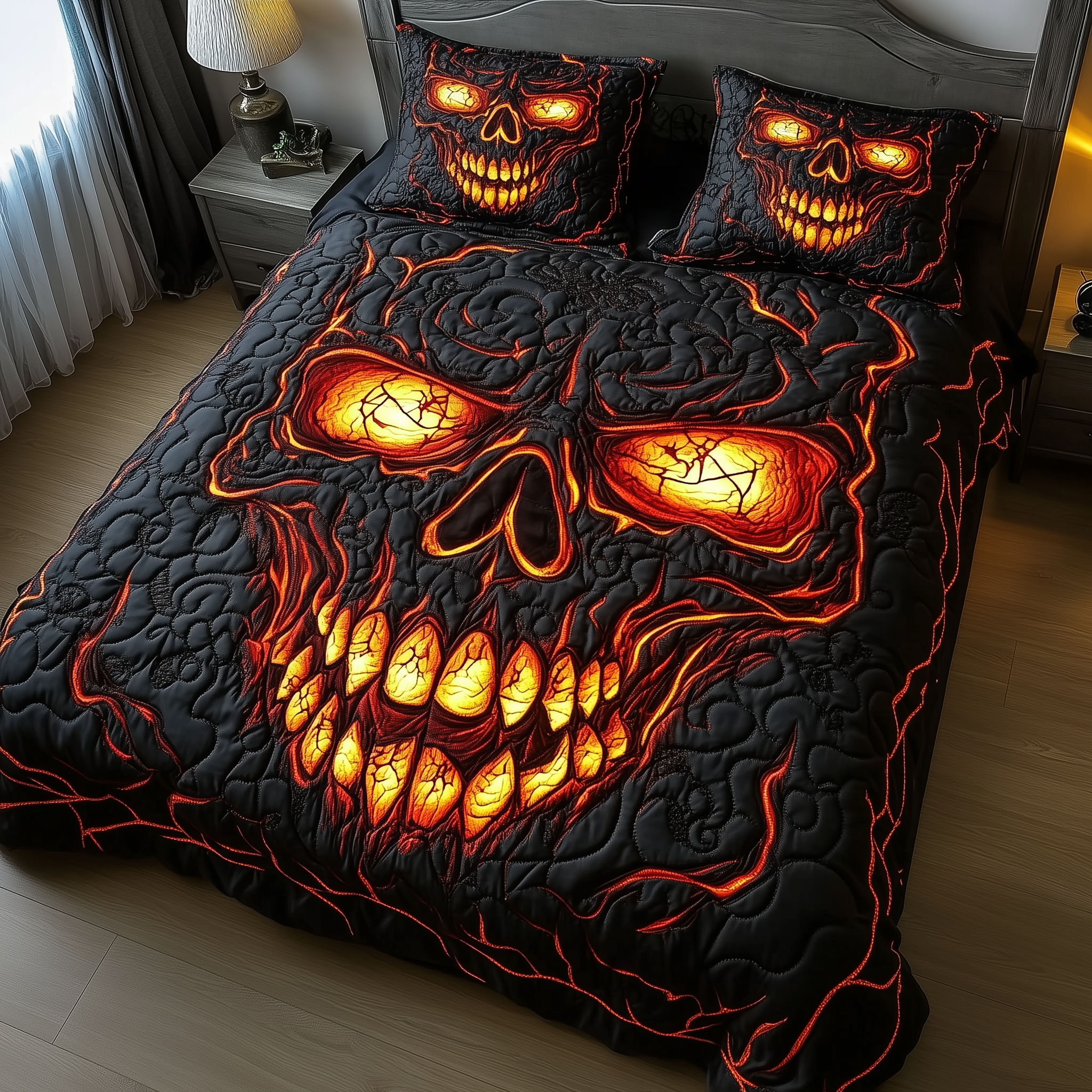 Lava Crack Skull Quilted Bedding Set Unusual Bed Sheets Gifts With Skulls On Them