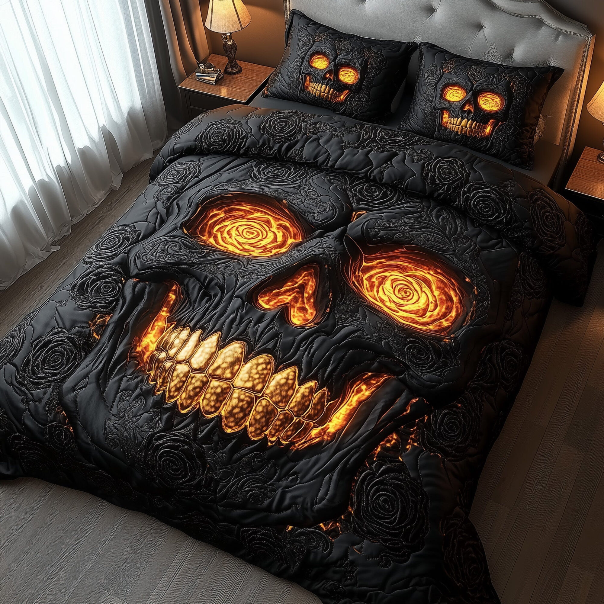 Lava Rose Skull Quilted Bedding Set Burning Skull Illustration Unique Gothic Bedding Gifts