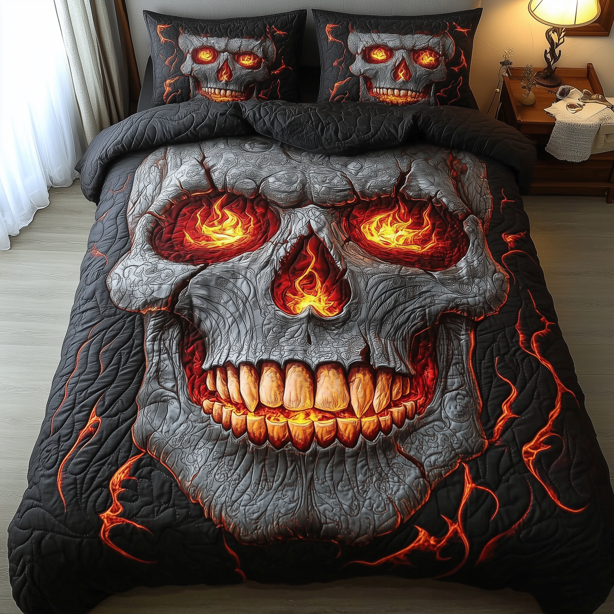 Lava Skull Quilted Bedding Set Best King Bed Sheets Skull Gifts For Dad