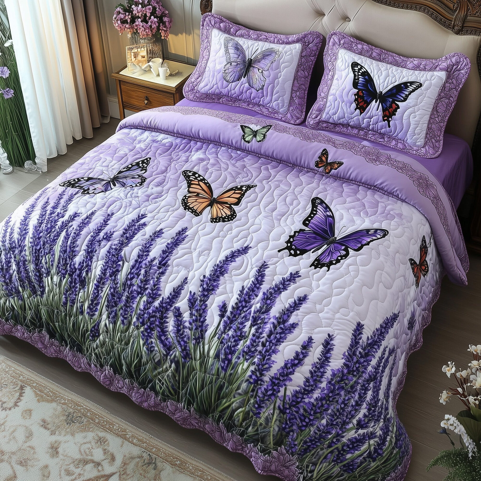 Lavender Charm Quilted Bedding Set Butterfly Lavender Decor Unique Floral Bedding Ideas