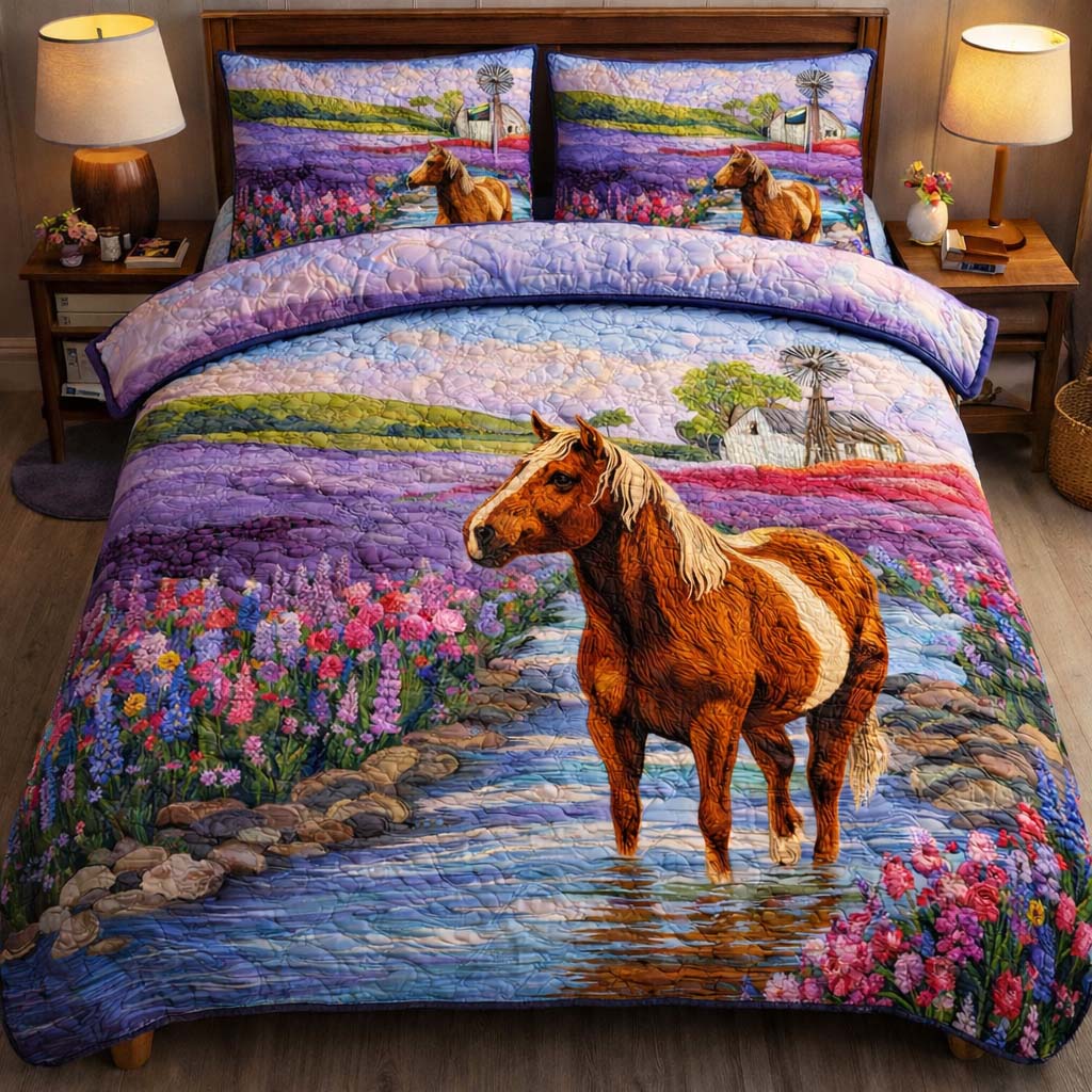 Lavender Valley Mustang Quilted Bedding Set Best Bedsheets Unique Gifts For Horse Lovers