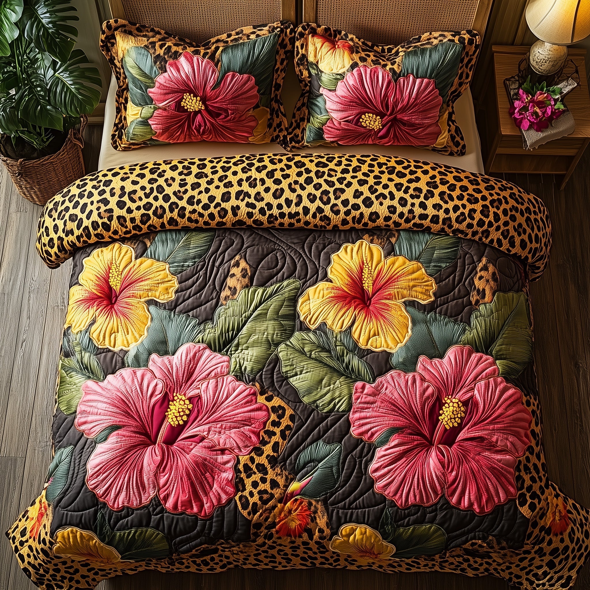 Leopard Hibiscus Heaven Quilted Bedding Set Best King Bed Sheets Cool Mothers Day Gifts