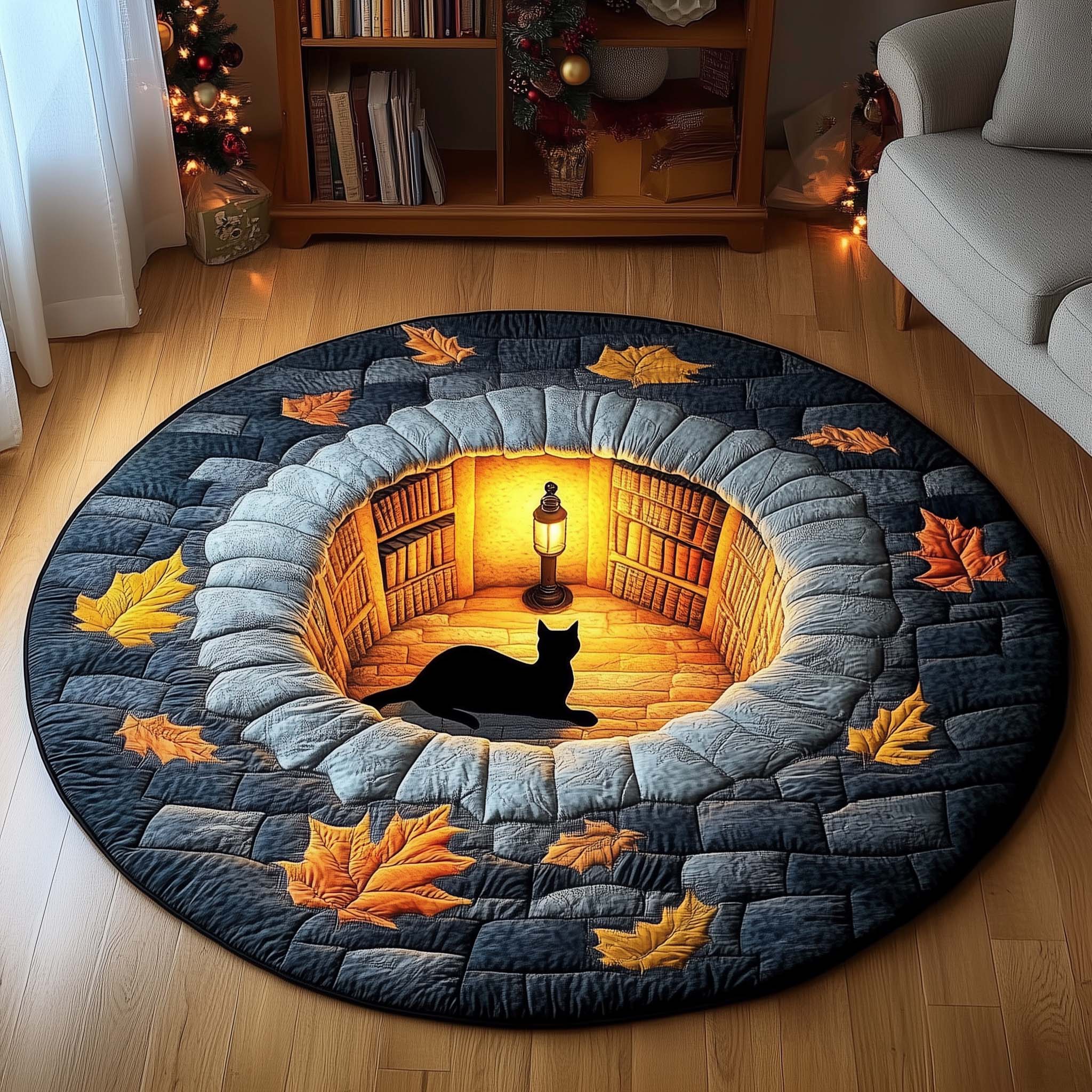 Library Cat Quilted Round Mat Cozy Quilted Round Mat for Warm Ambiance