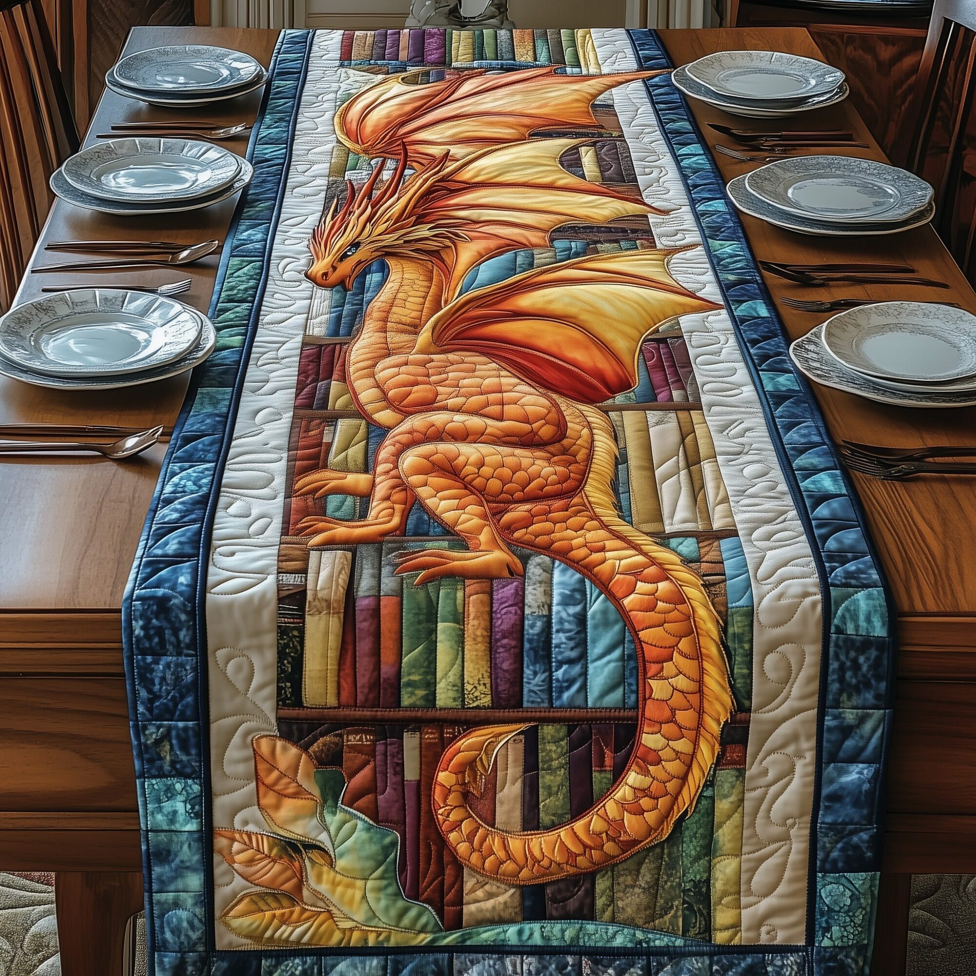 Library Dragon Quilted Table Runner Dining Table Decor Gift For Dragon Lover